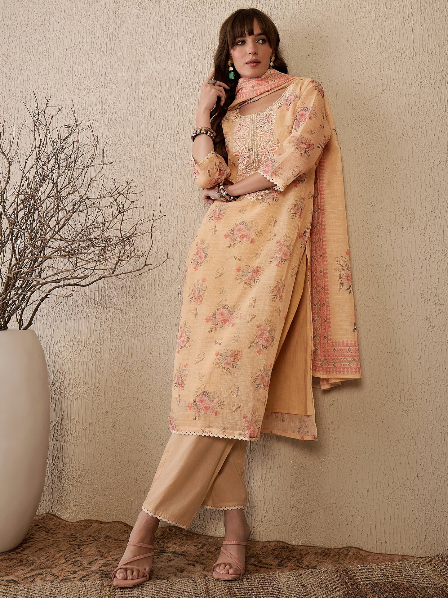 Indo Era Cream Embroidered Straight Kurta Trousers With Dupatta Set