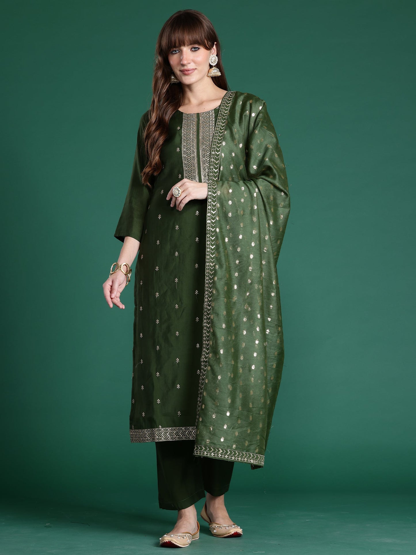Green Embroidered Straight Kurta Trousers With Dupatta Set