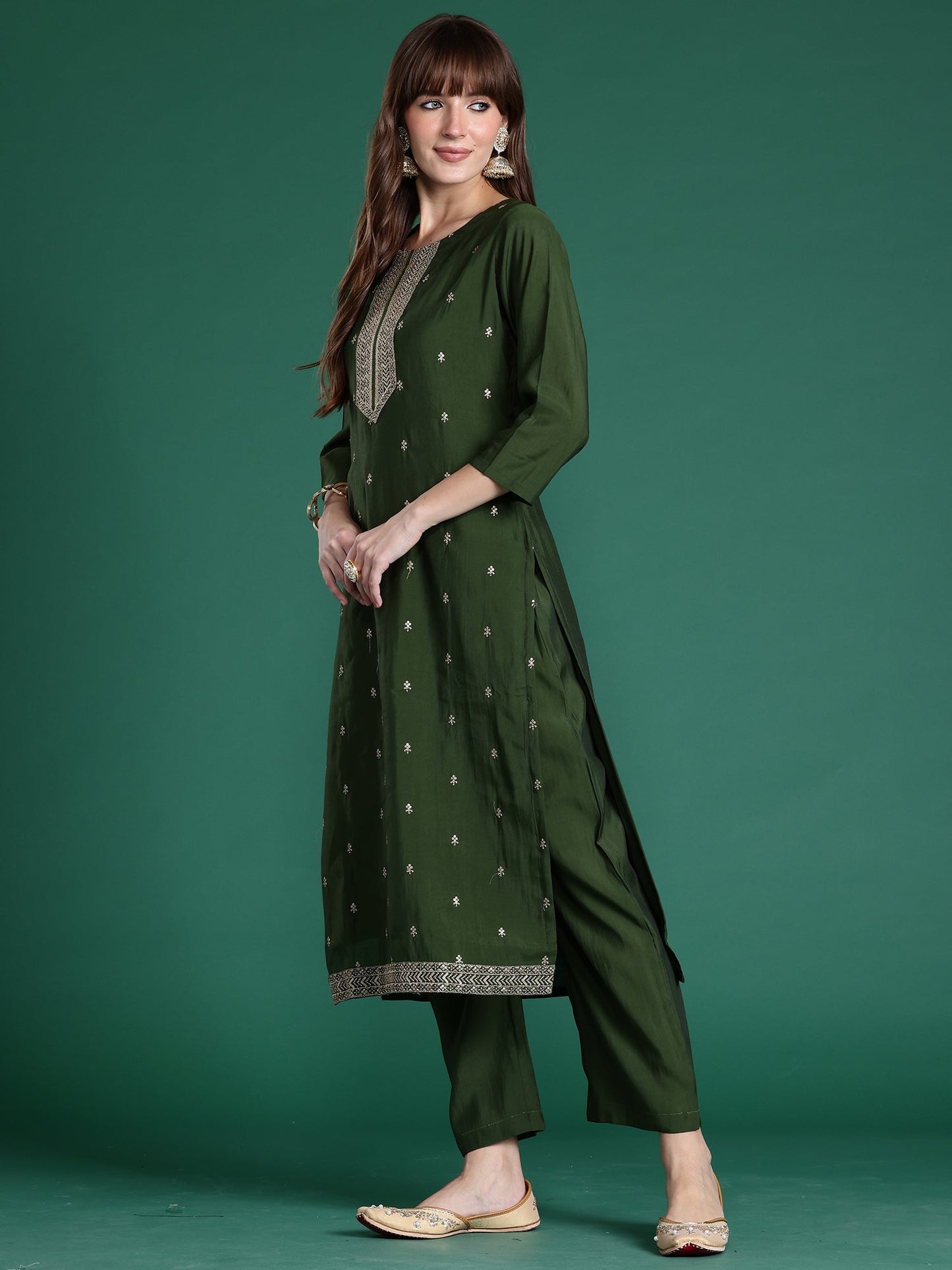 Green Embroidered Straight Kurta Trousers With Dupatta Set