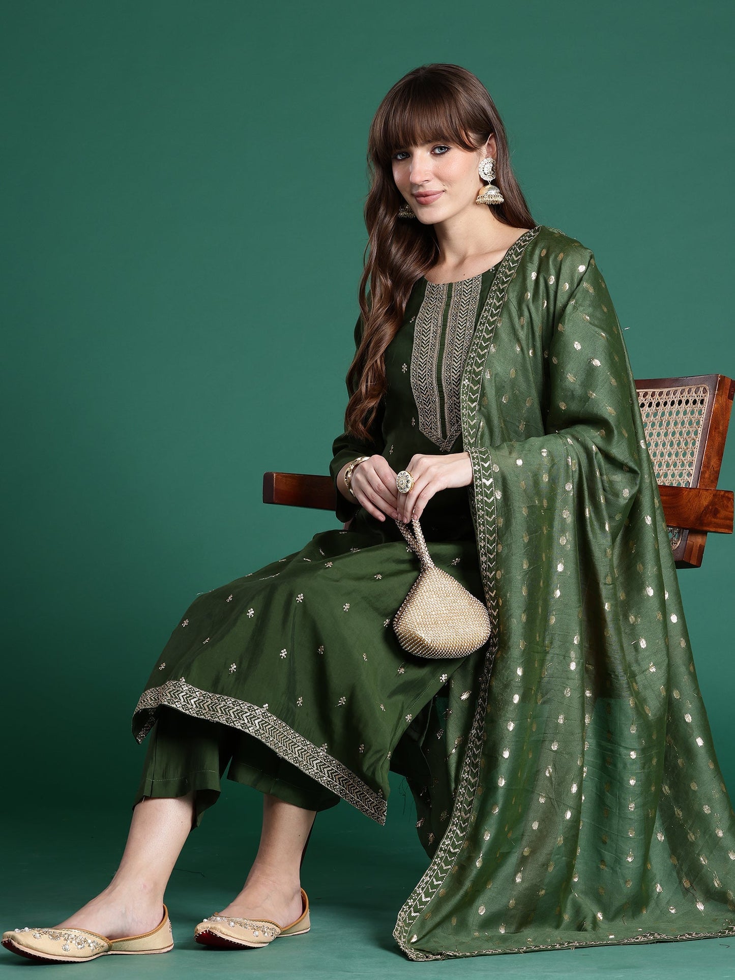 Green Embroidered Straight Kurta Trousers With Dupatta Set