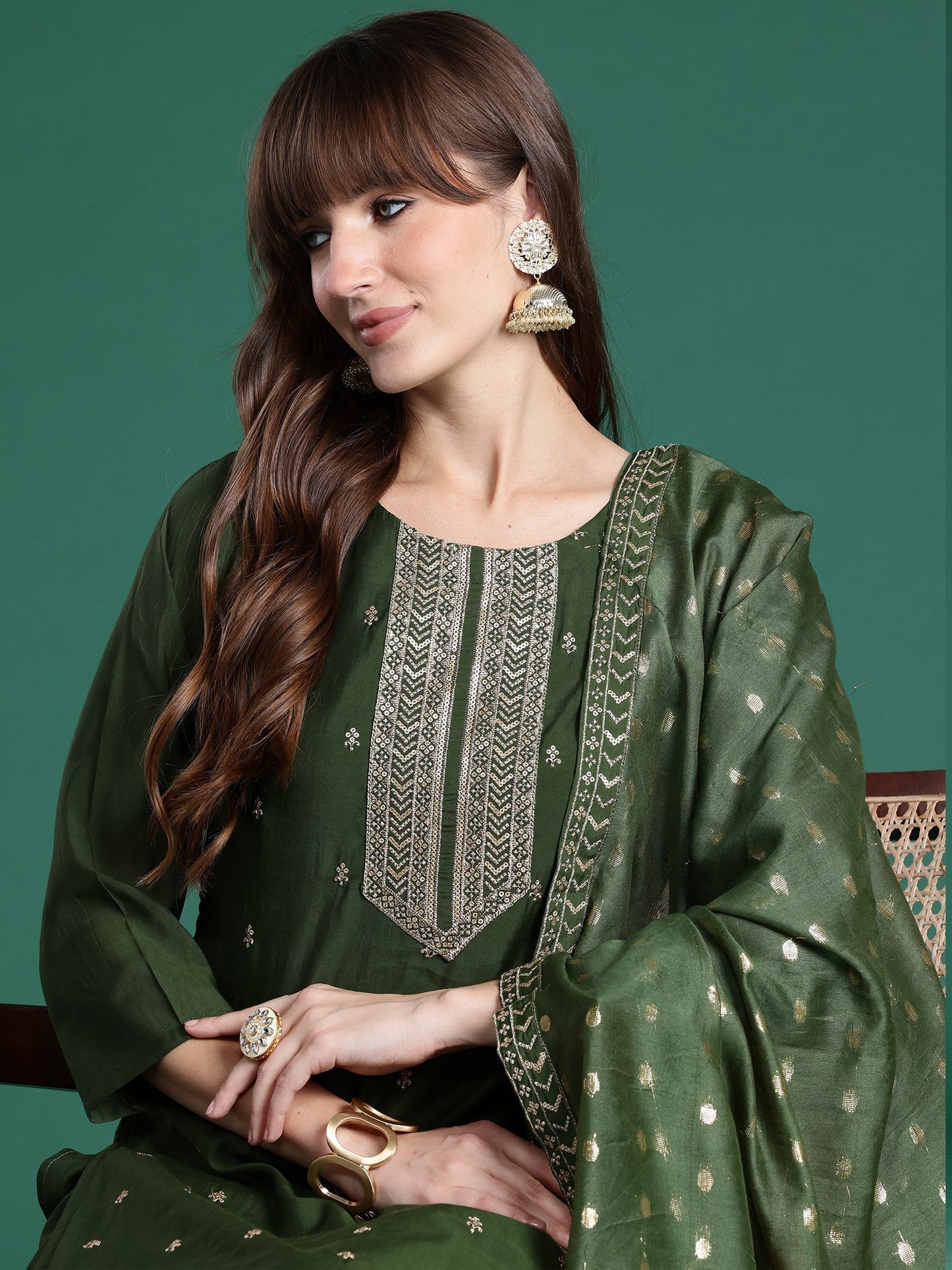 Green Embroidered Straight Kurta Trousers With Dupatta Set