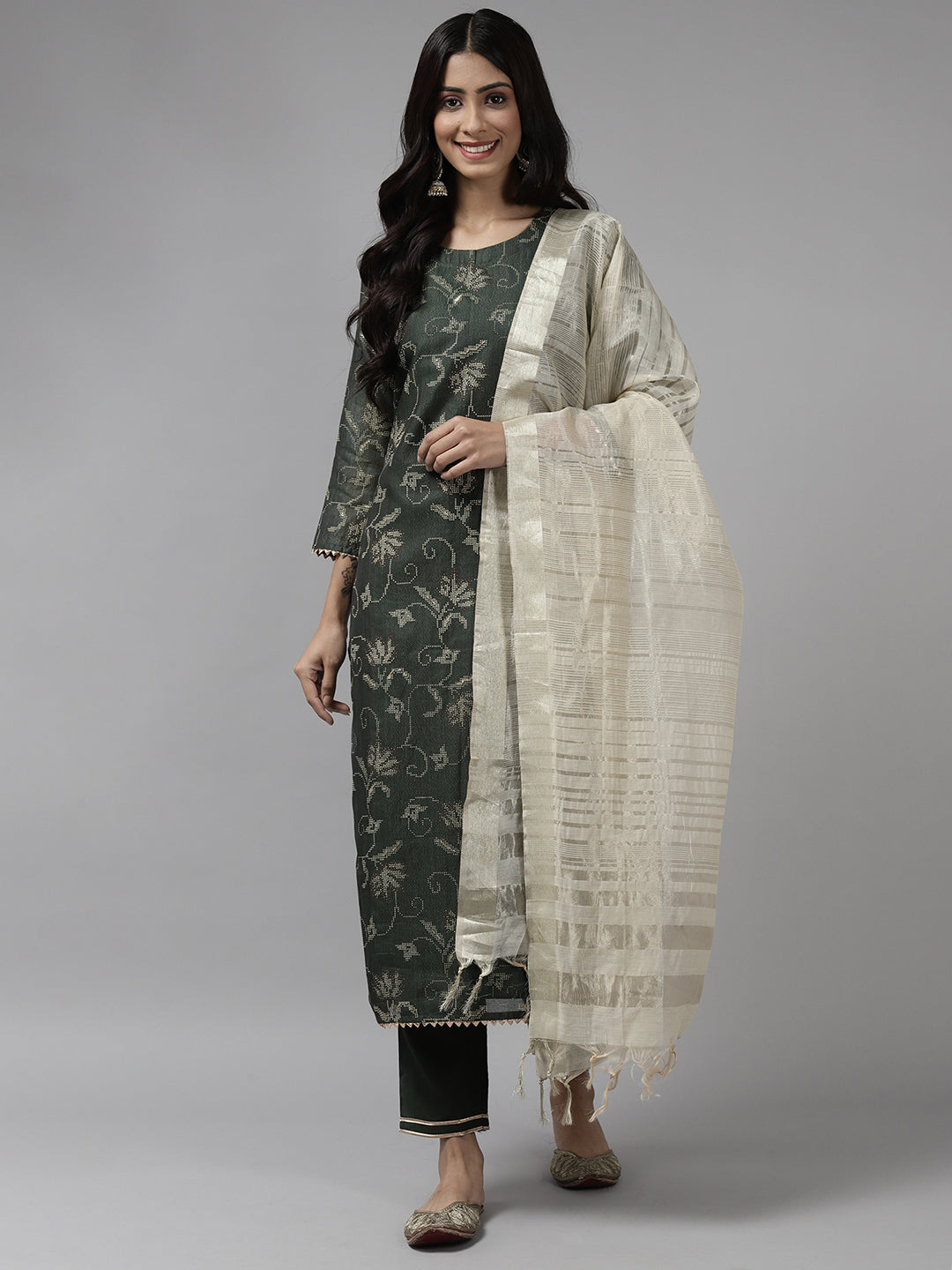 Indo Era Green Printed Straight Kurta Trouser with Dupatta set