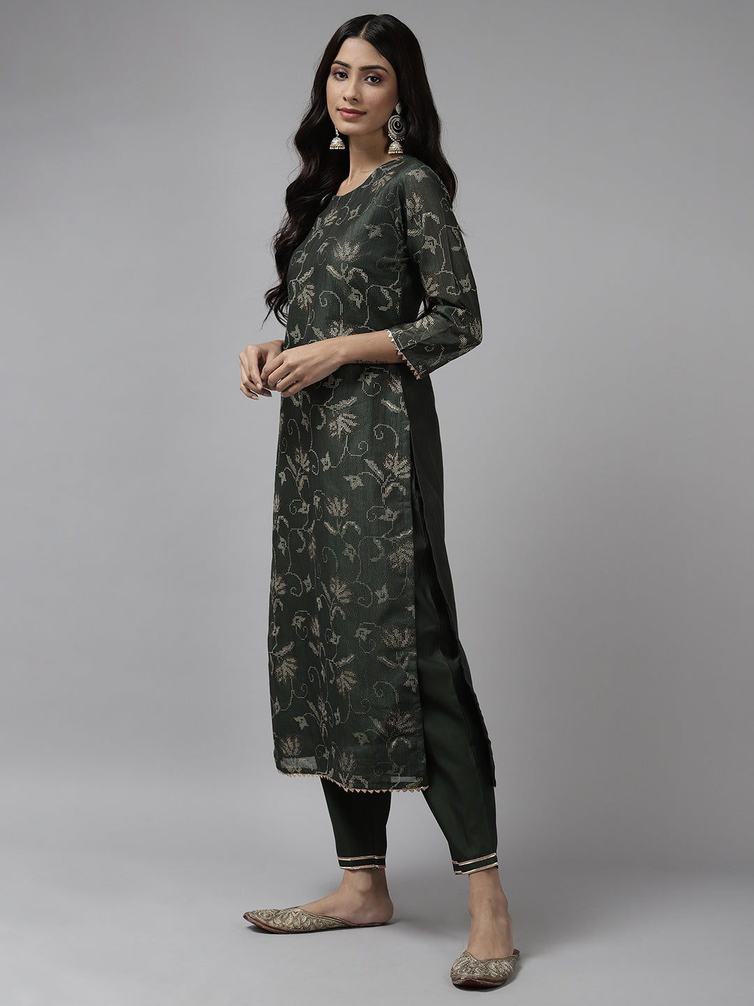 Indo Era Green Printed Straight Kurta Trouser with Dupatta set