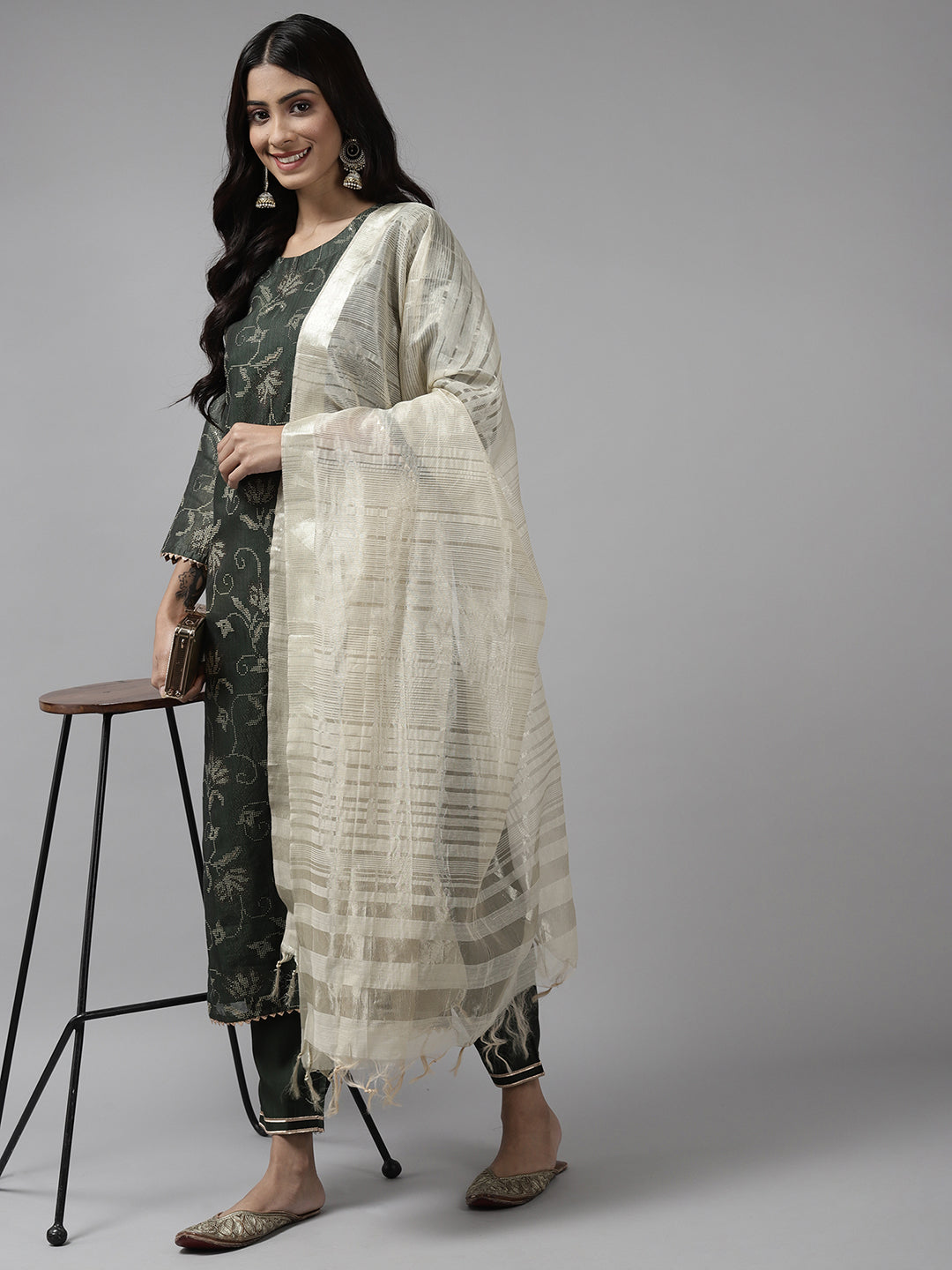 Indo Era Green Printed Straight Kurta Trouser with Dupatta set