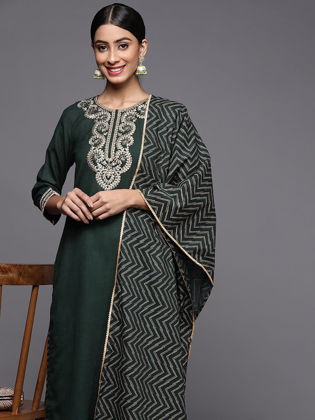 Indo Era Green Embroidered Strraight Kurta Palazzo With Dupatta Set