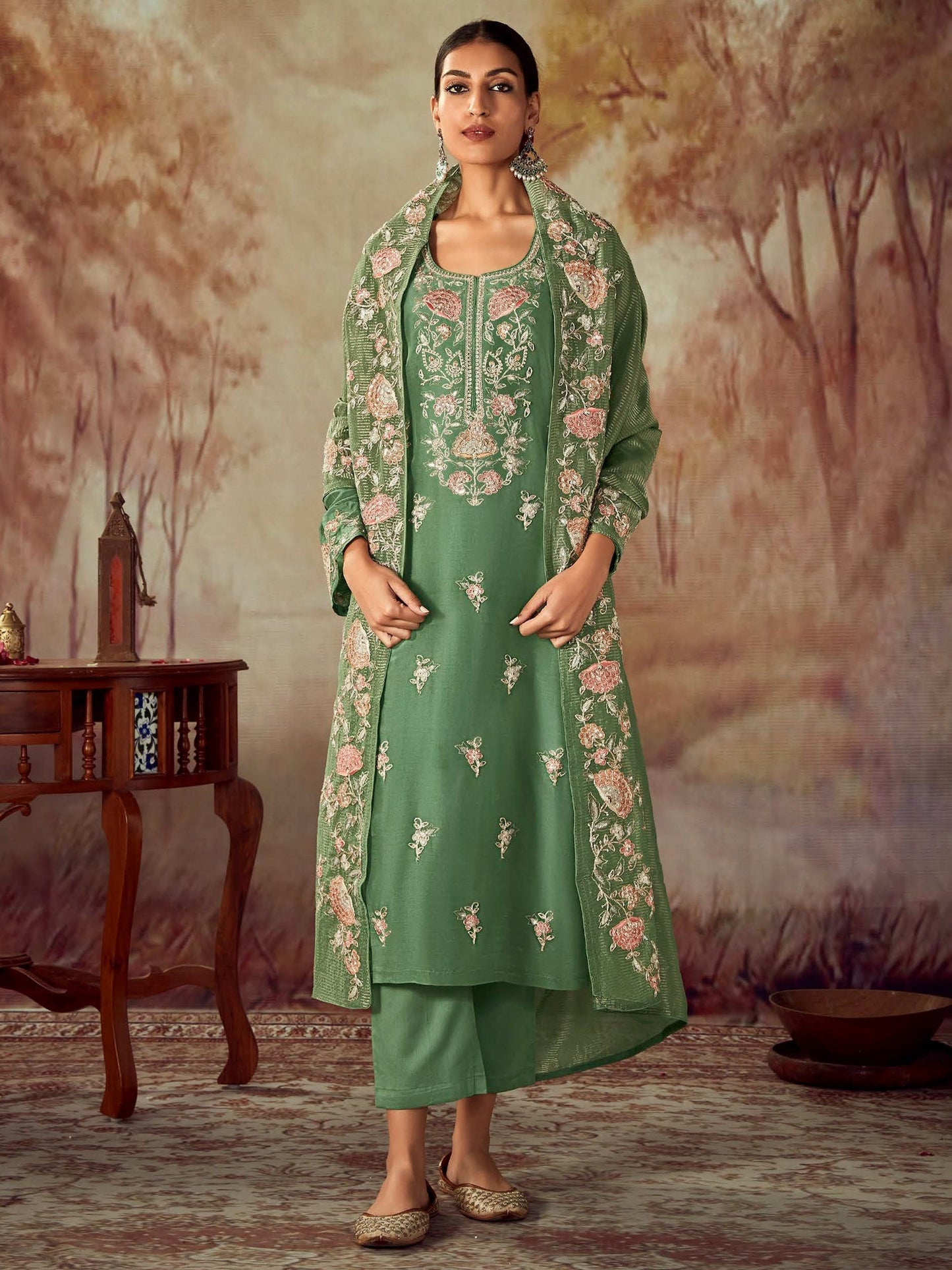 Green Embroidered Straight Kurta Trousers With Dupatta set