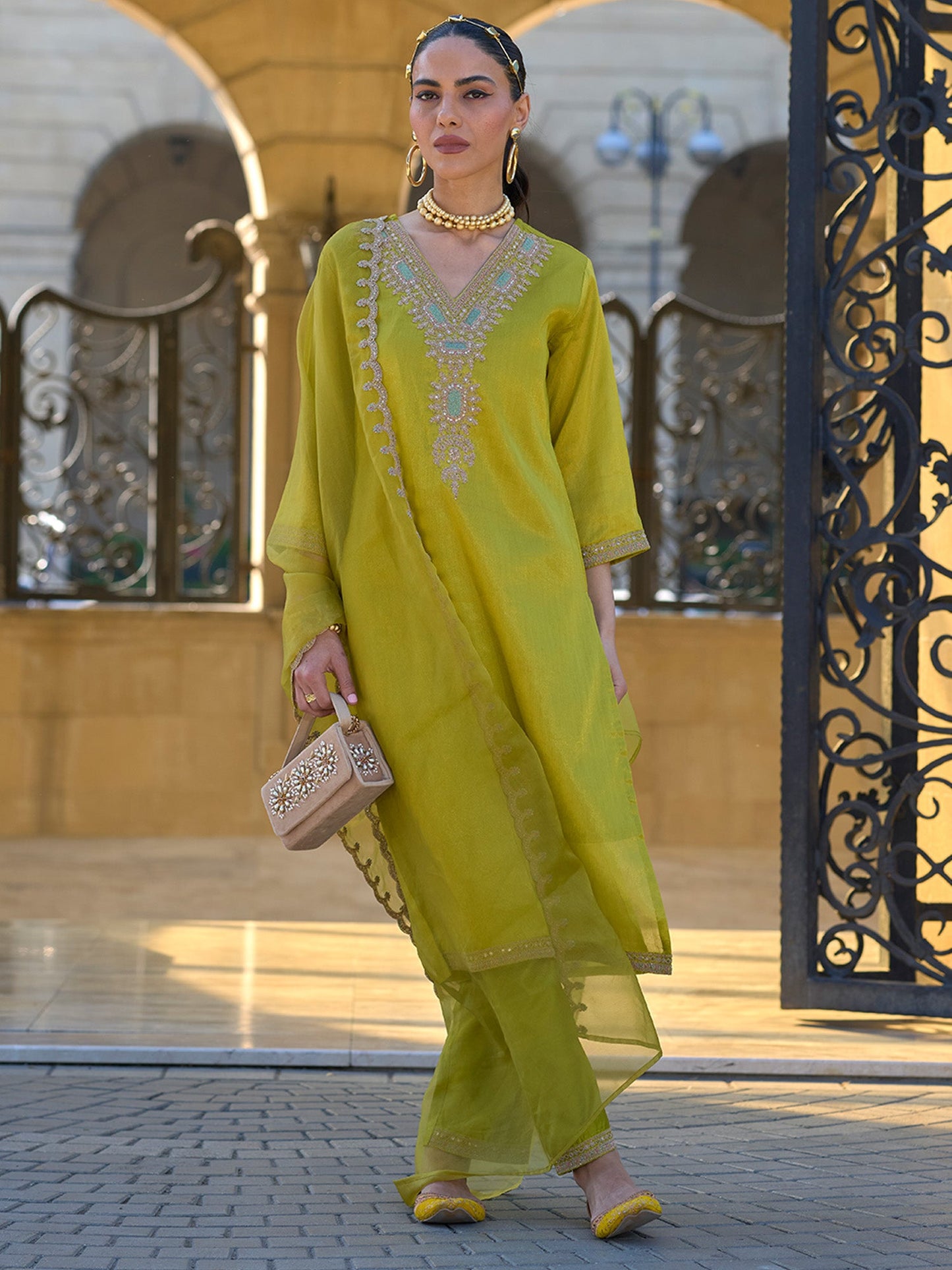 Green Embroidered Straight Kurta Trousers With Dupatta set