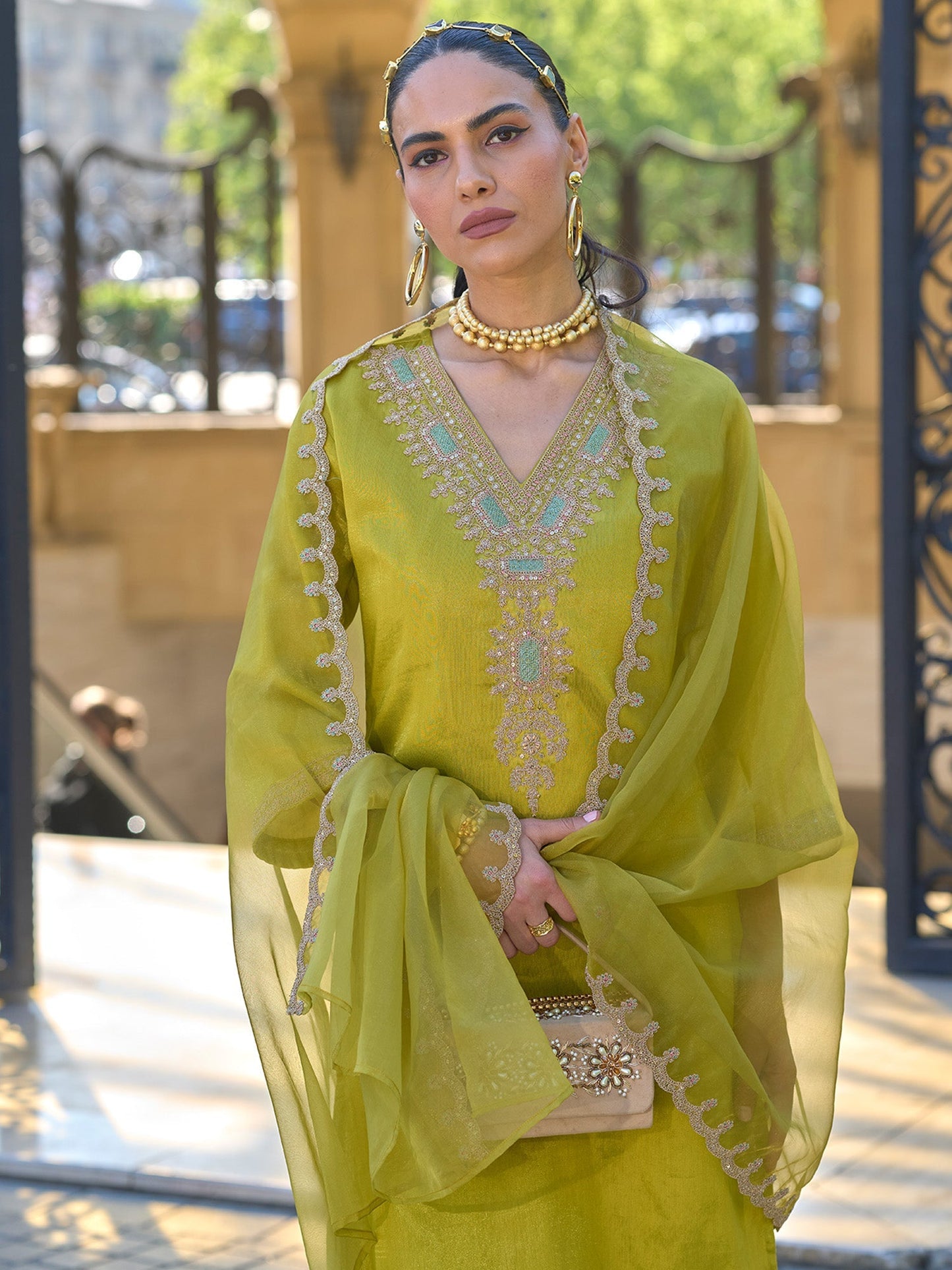 Green Embroidered Straight Kurta Trousers With Dupatta set