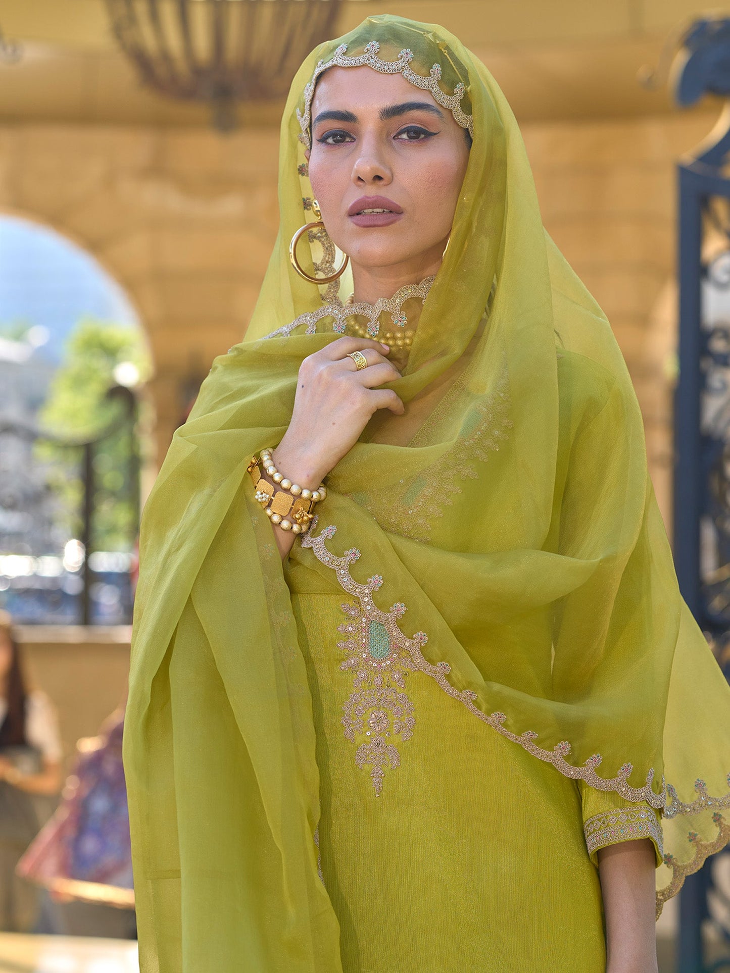 Green Embroidered Straight Kurta Trousers With Dupatta set