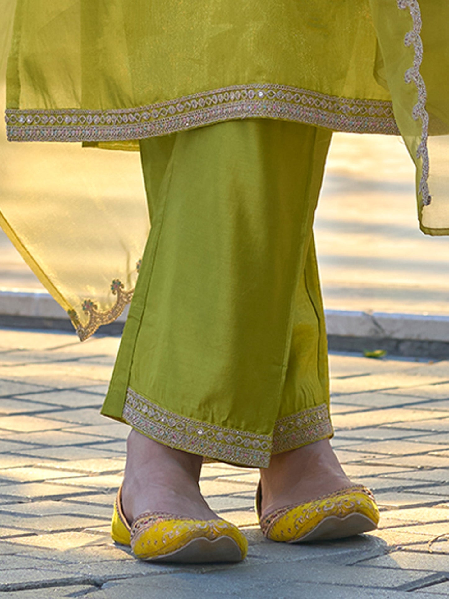 Green Embroidered Straight Kurta Trousers With Dupatta set