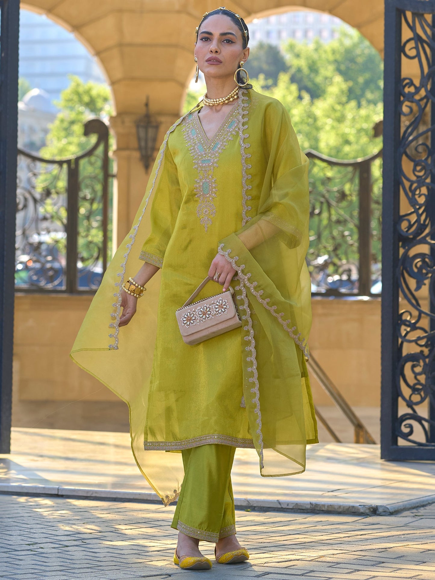 Green Embroidered Straight Kurta Trousers With Dupatta set