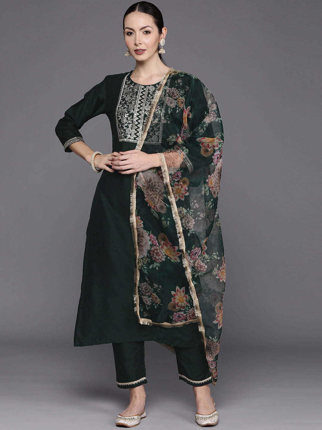 Indo Era Green Floral Embroidered Regular Sequinned Chanderi Silk Kurta with Trousers & Dupatta