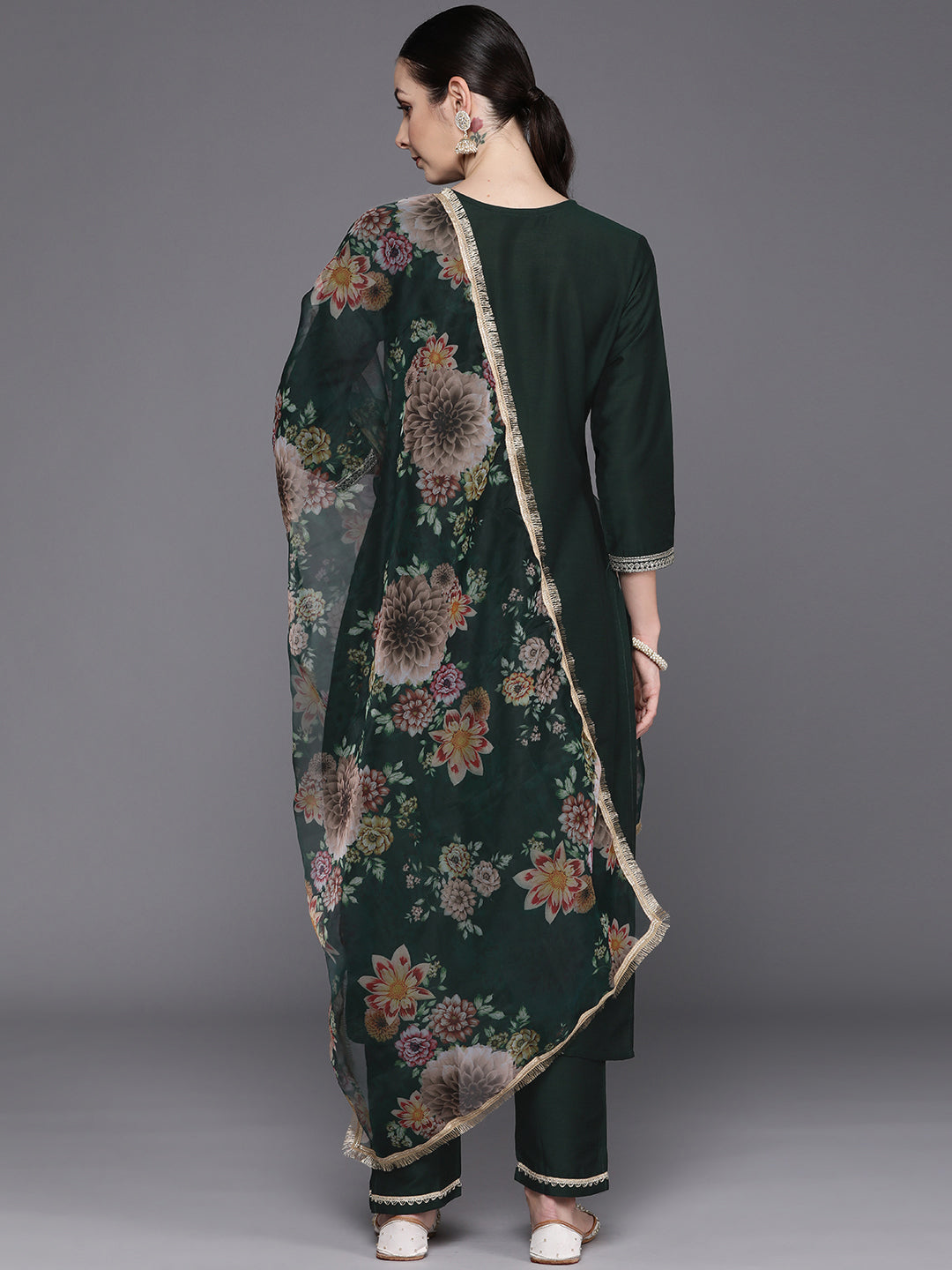 Indo Era Green Floral Embroidered Regular Sequinned Chanderi Silk Kurta with Trousers & Dupatta