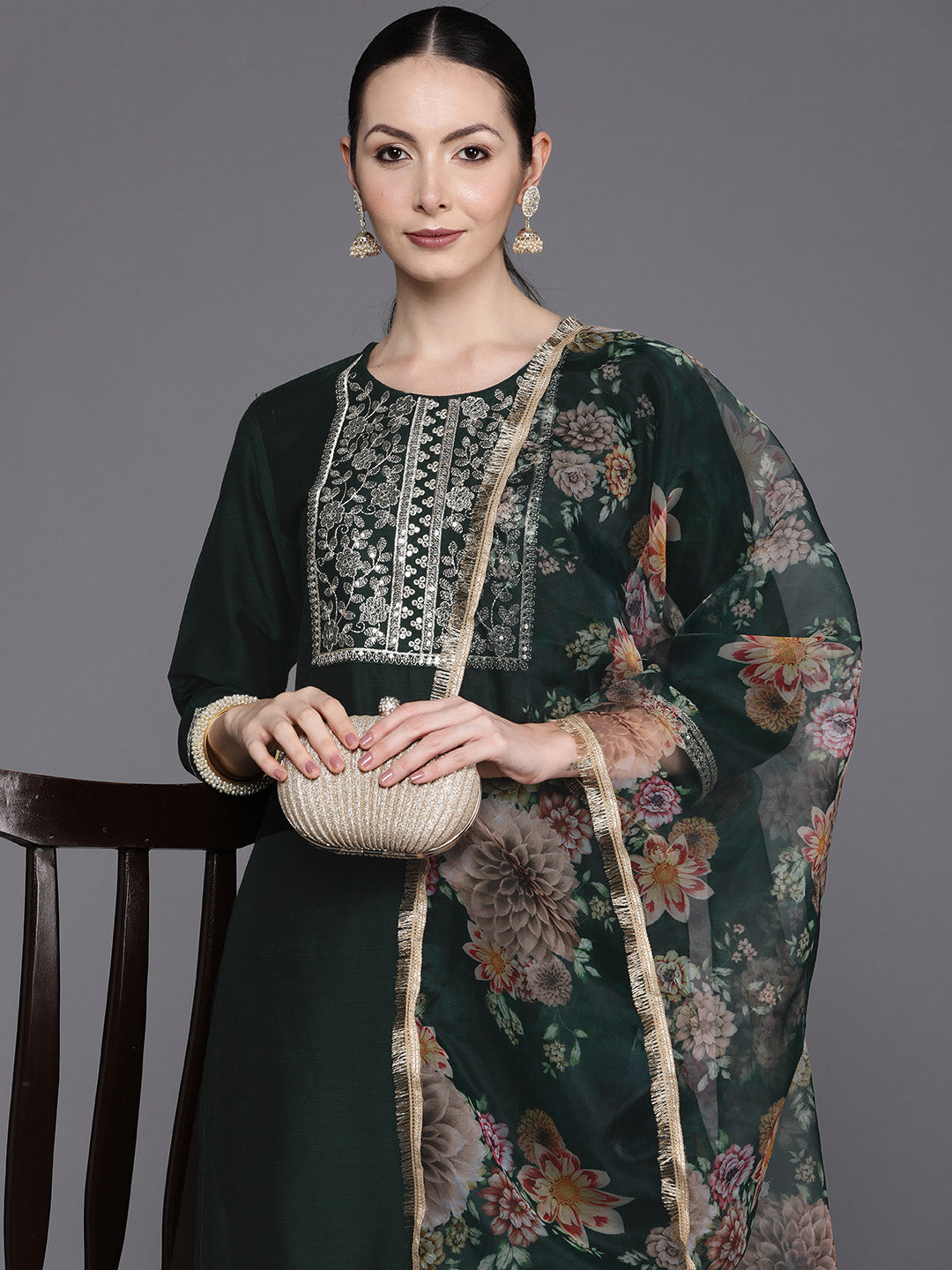 Indo Era Green Floral Embroidered Regular Sequinned Chanderi Silk Kurta with Trousers & Dupatta
