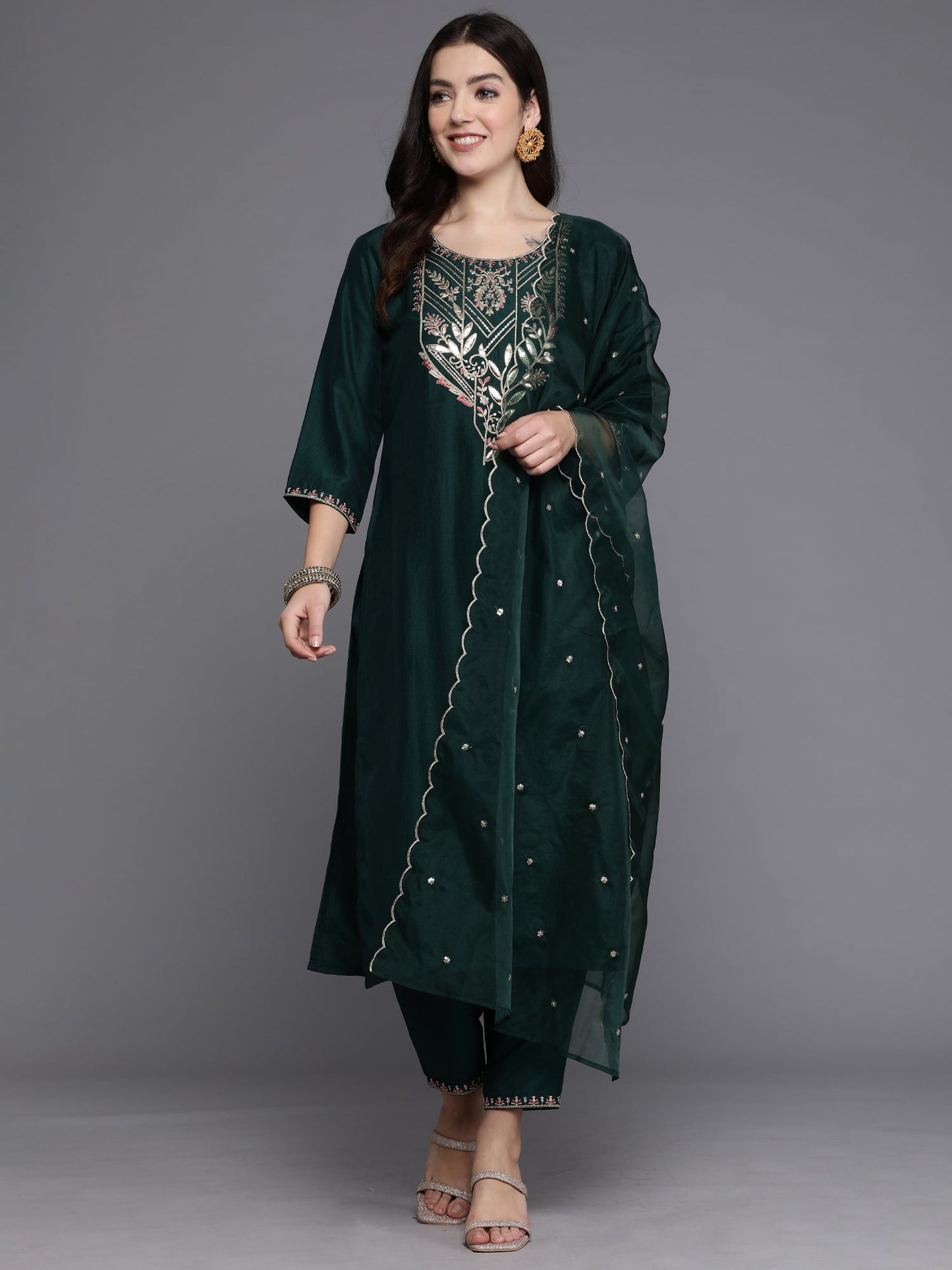 Indo Era Green Embroidered Straight Kurta Trousers With Dupatta set