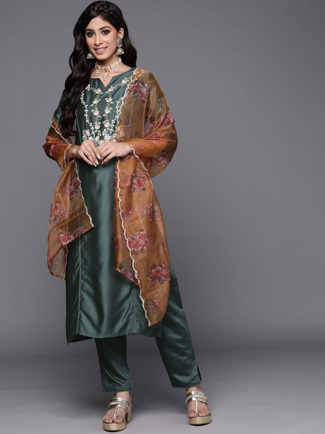 Indo Era Green Embroidered Straight Kurta Trousers With Dupatta Set