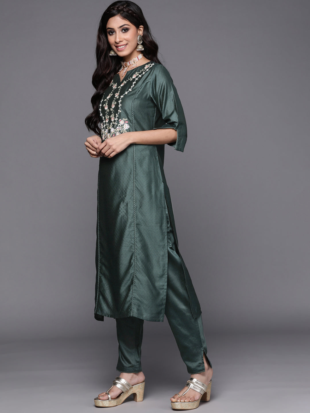 Indo Era Green Embroidered Straight Kurta Trousers With Dupatta Set