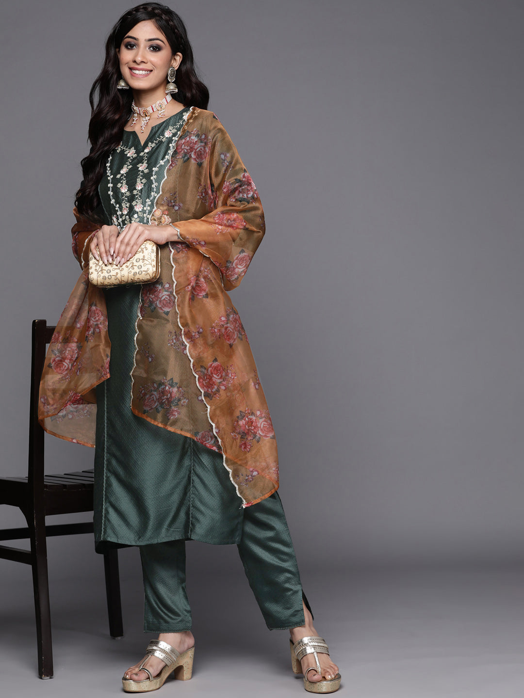 Indo Era Green Embroidered Straight Kurta Trousers With Dupatta Set