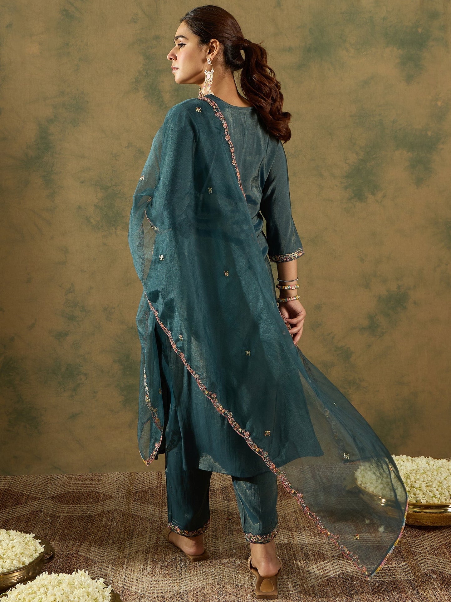 Indo Era Green Embroidered Straight Kurta Trousers With Dupatta Set