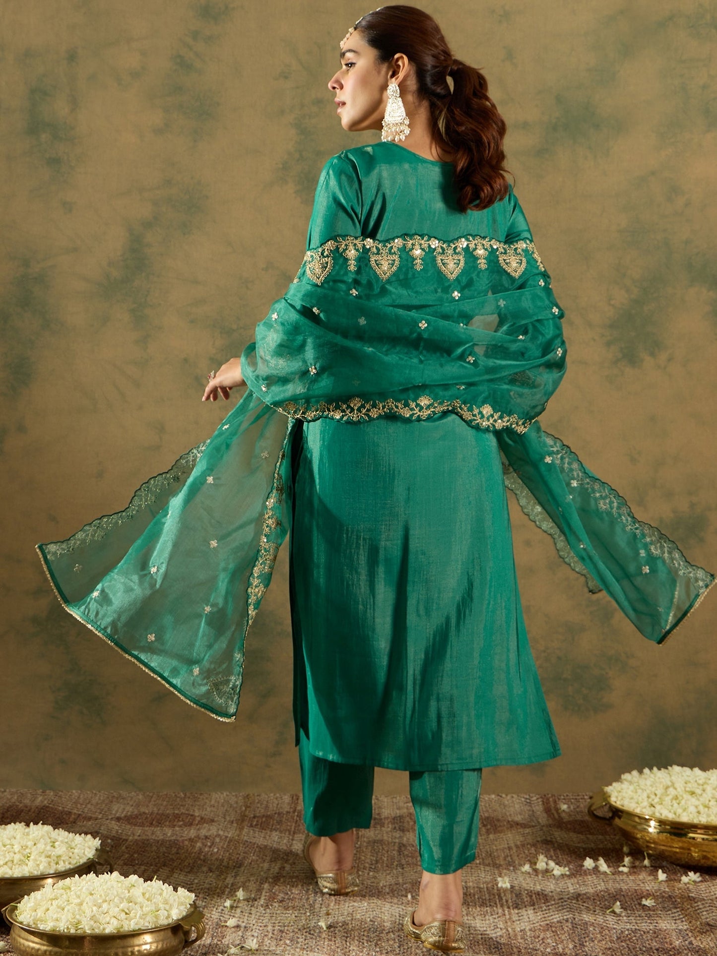 Indo Era Green Embroidered Straight Kurta Trousers With Dupatta Set