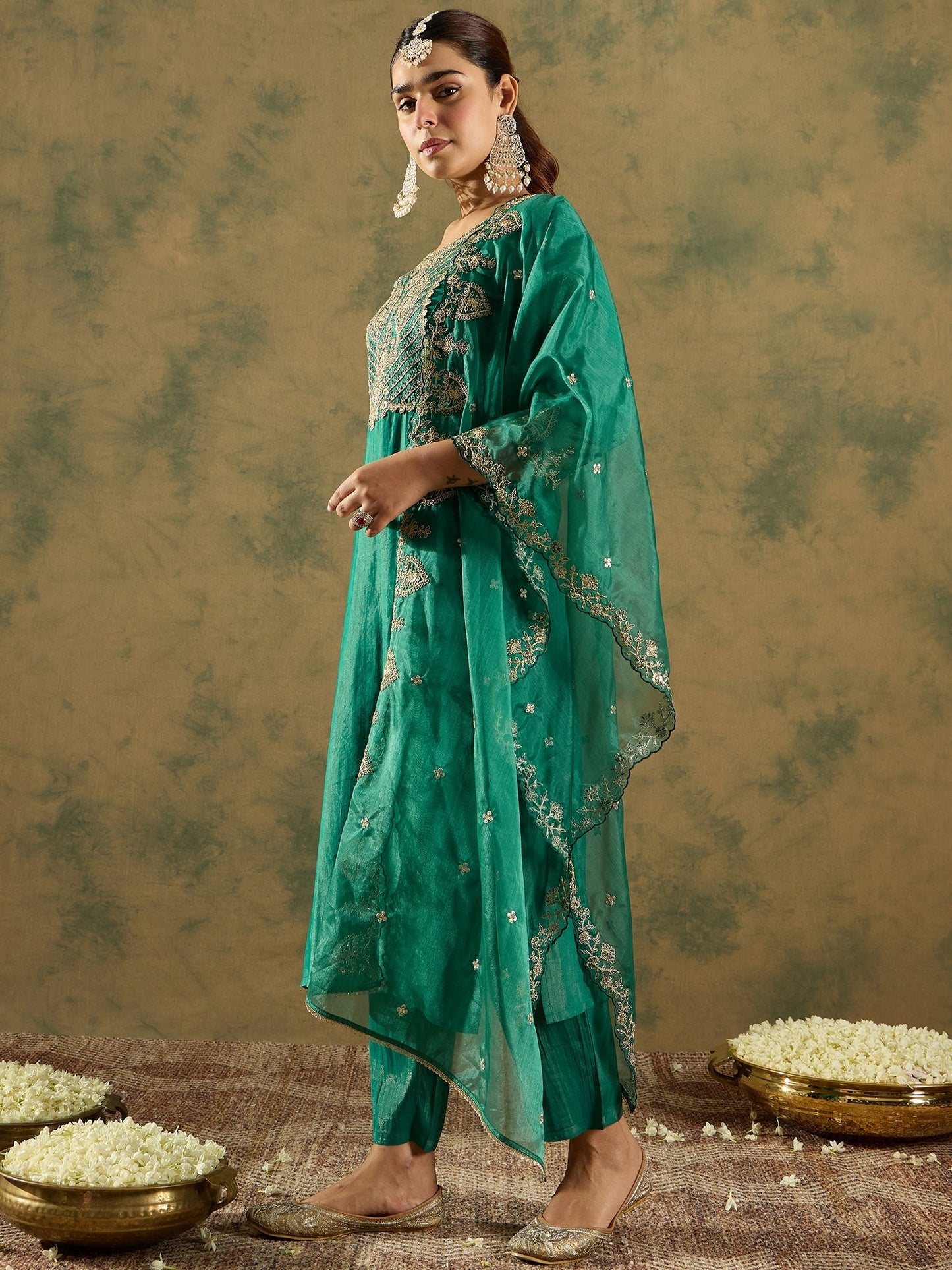 Indo Era Green Embroidered Straight Kurta Trousers With Dupatta Set