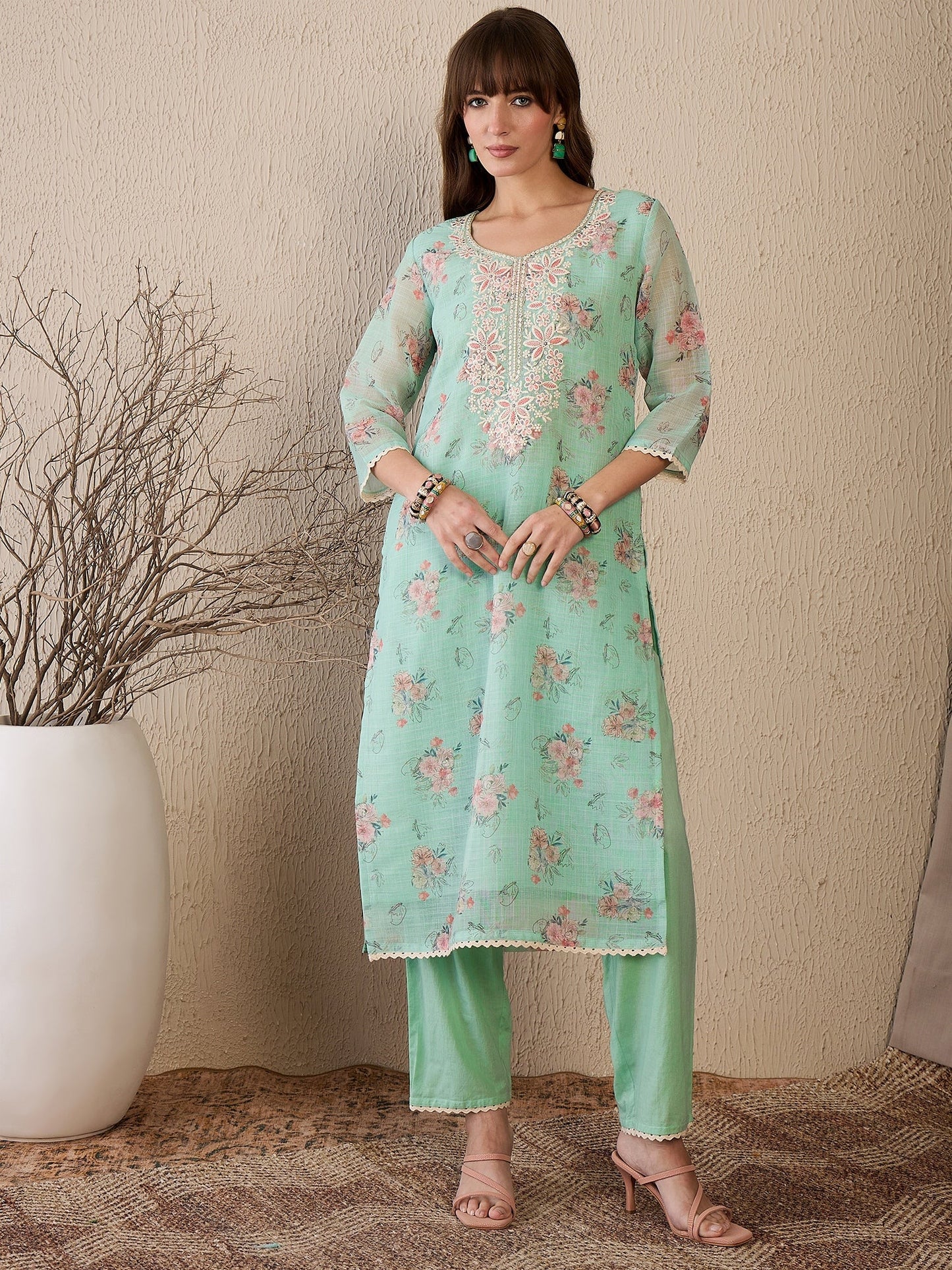 Indo Era Green Embroidered Straight Kurta Trousers With Dupatta Set