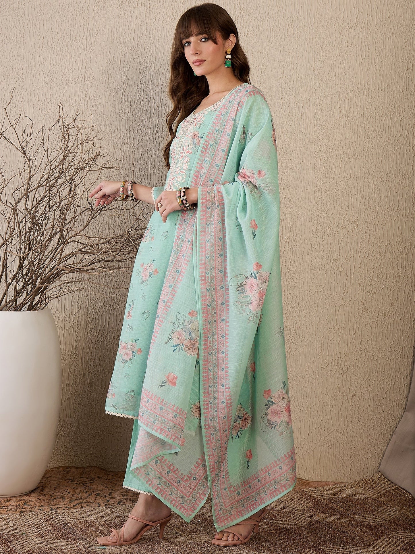 Indo Era Green Embroidered Straight Kurta Trousers With Dupatta Set