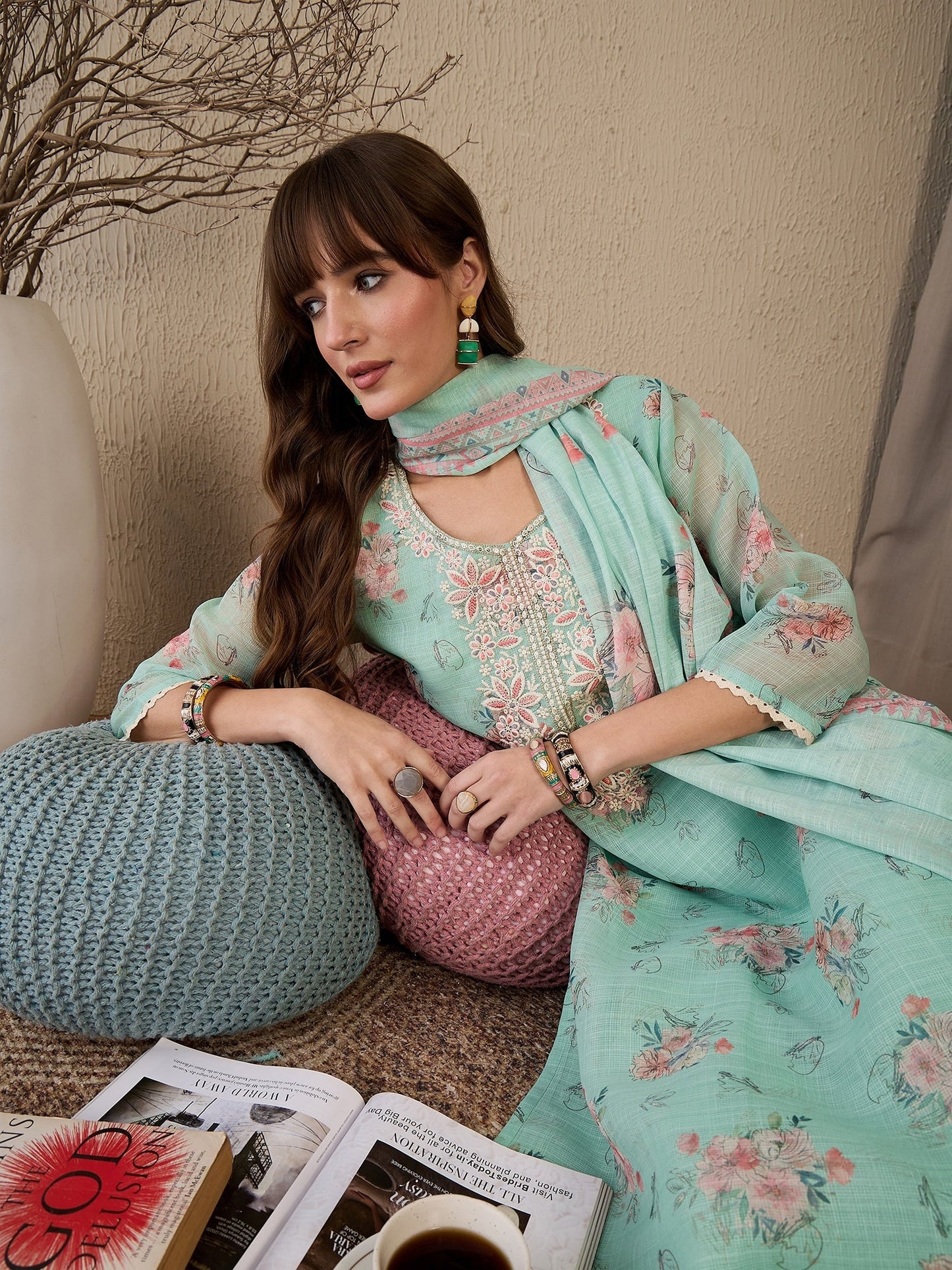 Indo Era Green Embroidered Straight Kurta Trousers With Dupatta Set