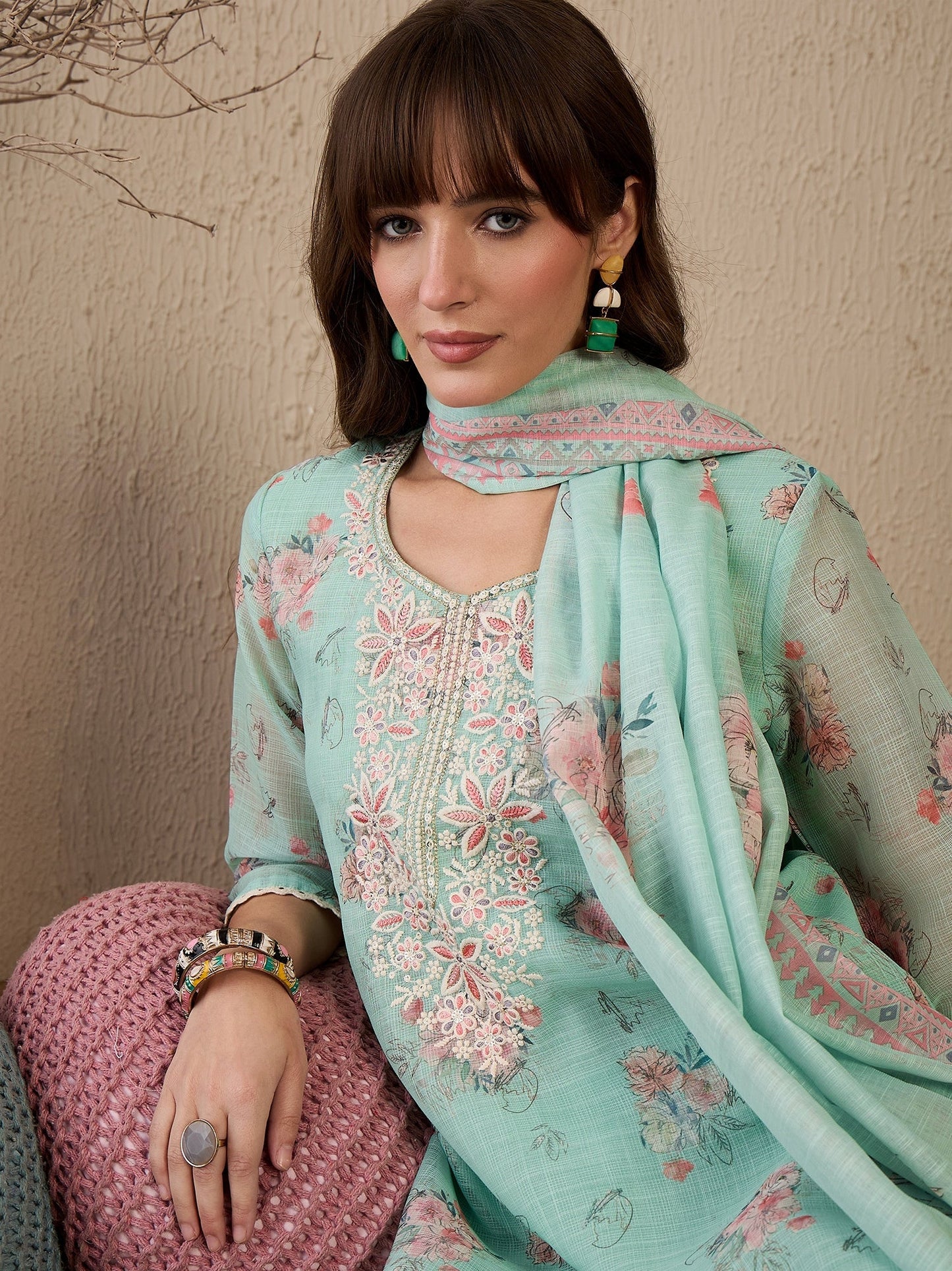 Indo Era Green Embroidered Straight Kurta Trousers With Dupatta Set