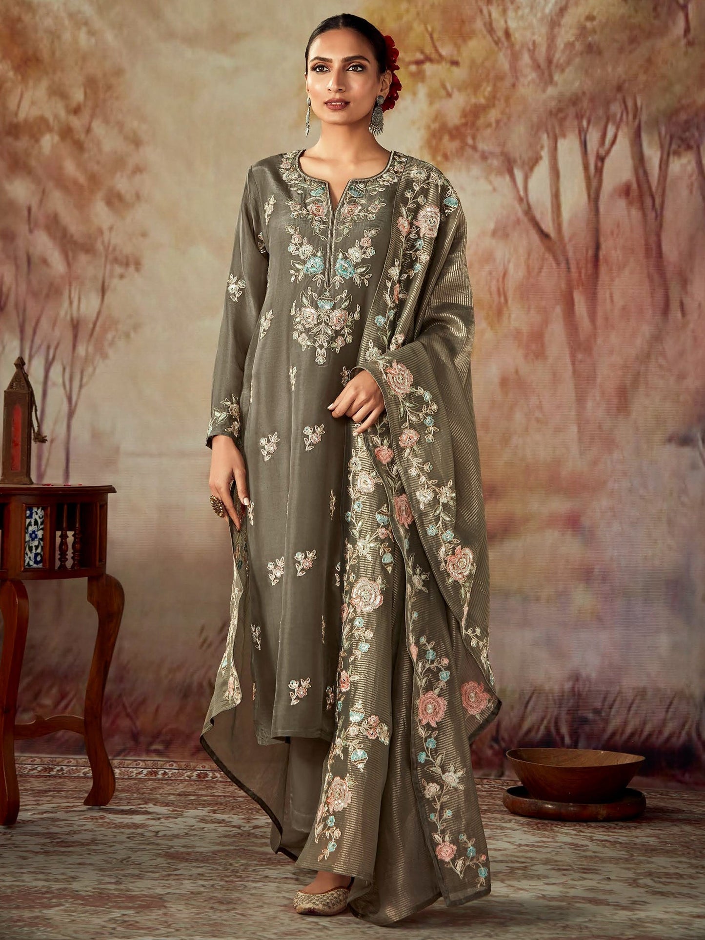 Indo Era Green Embroidered Straight Kurta Trousers With Dupatta set
