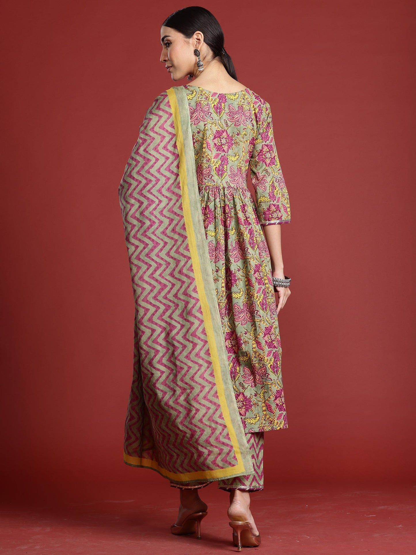 Indo Era Grey Printed Straight Kurta Trousers With Dupatta Set