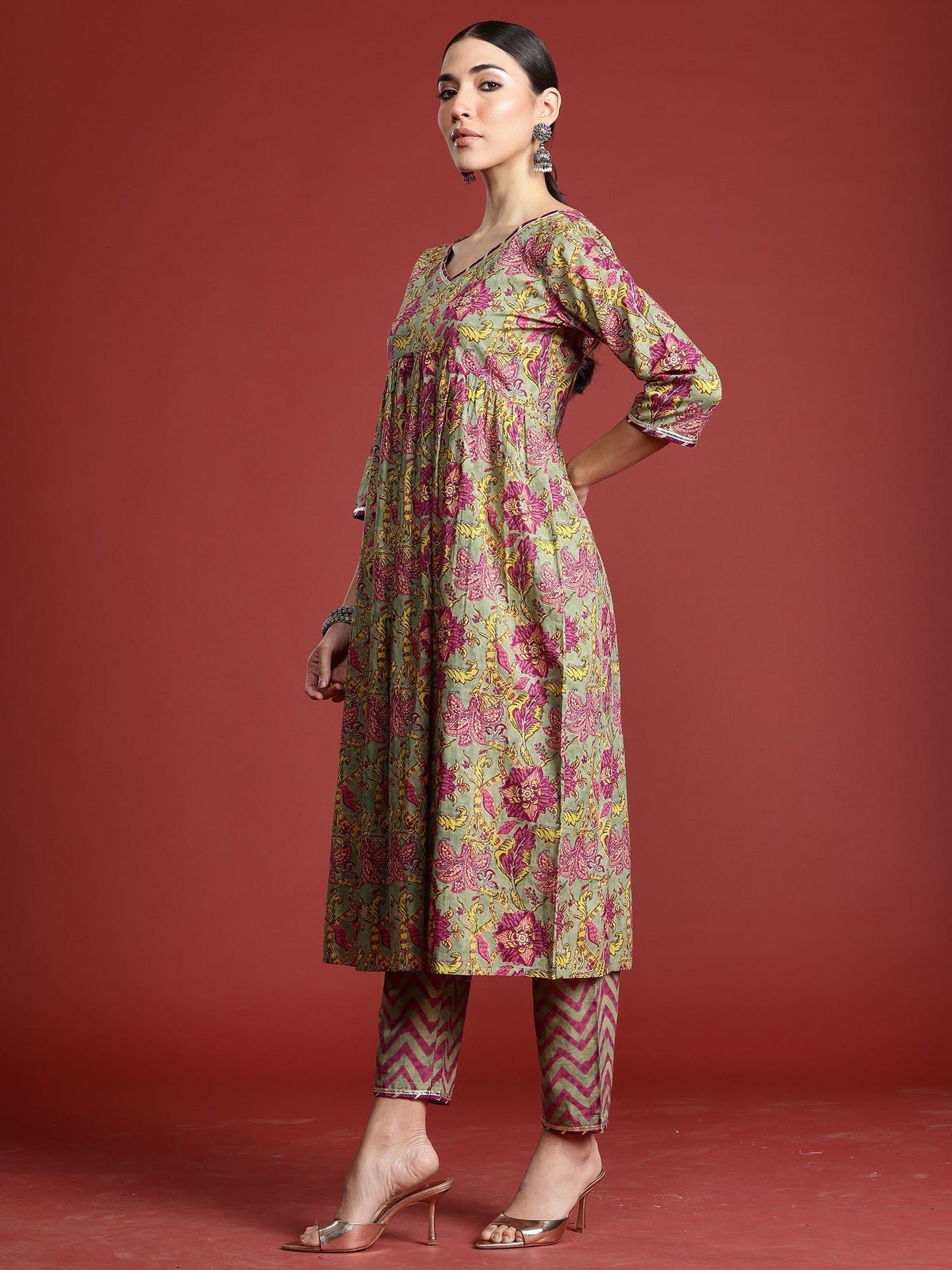 Indo Era Grey Printed Straight Kurta Trousers With Dupatta Set