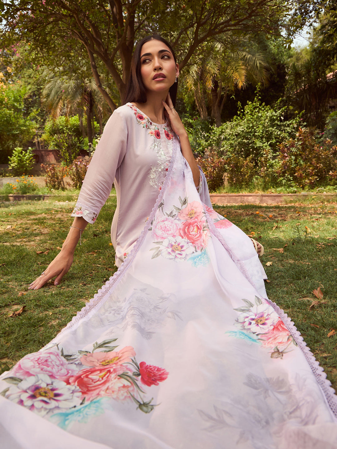 Lavender Embroidered Straight Kurta Trousers With Dupatta set