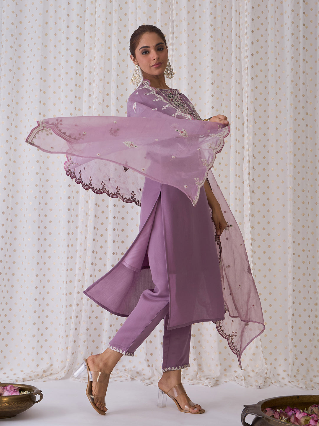 Indo Era Lavender Embroidered Straight Kurta Trousers With Dupatta set