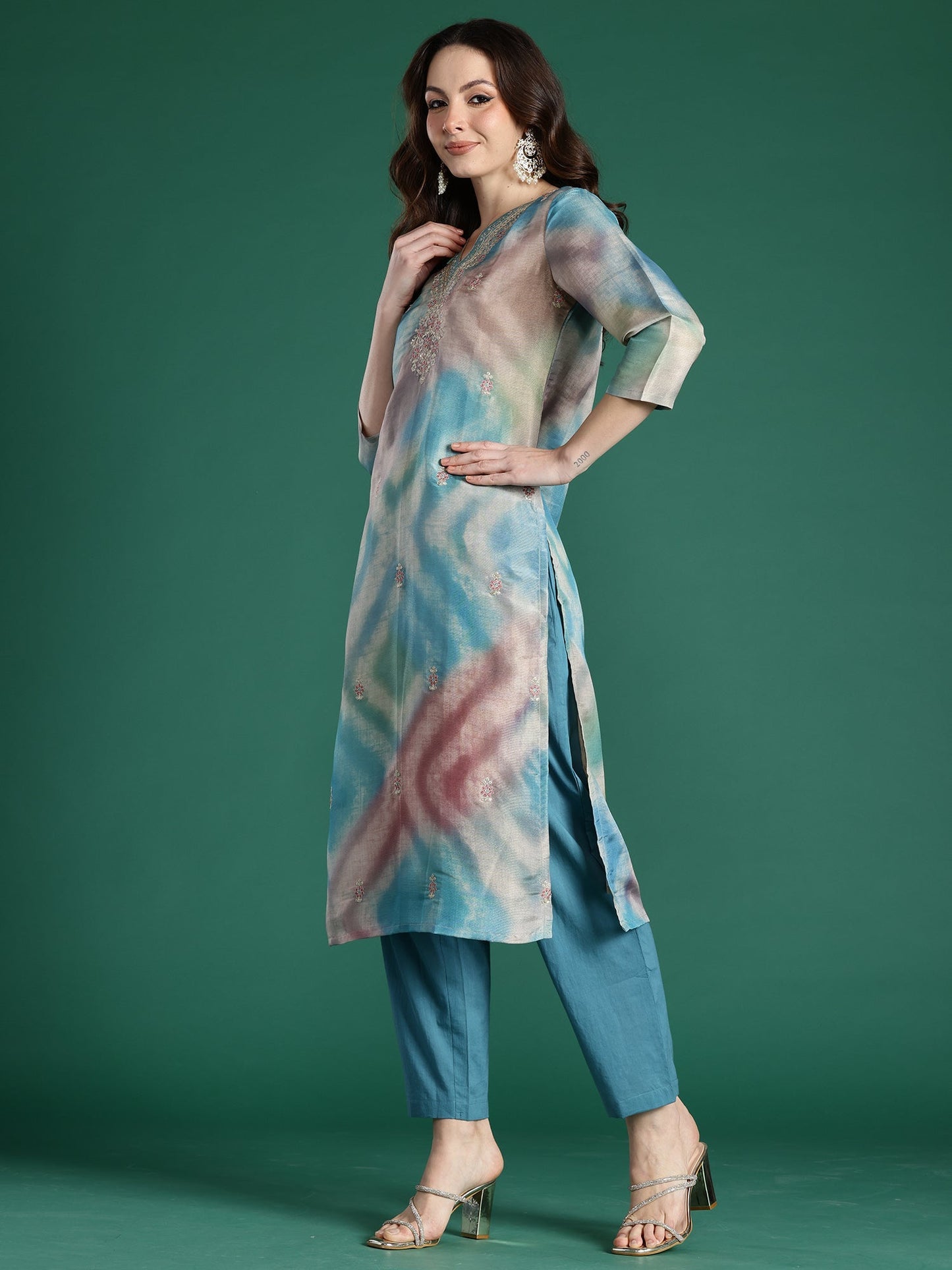 Multi Embroidered Straight Kurta Trousers With Dupatta Set