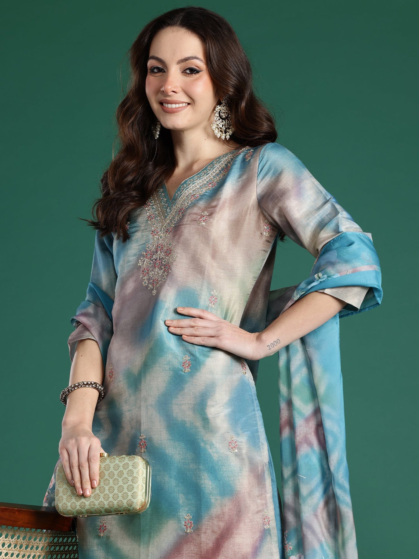 Multi Embroidered Straight Kurta Trousers With Dupatta Set