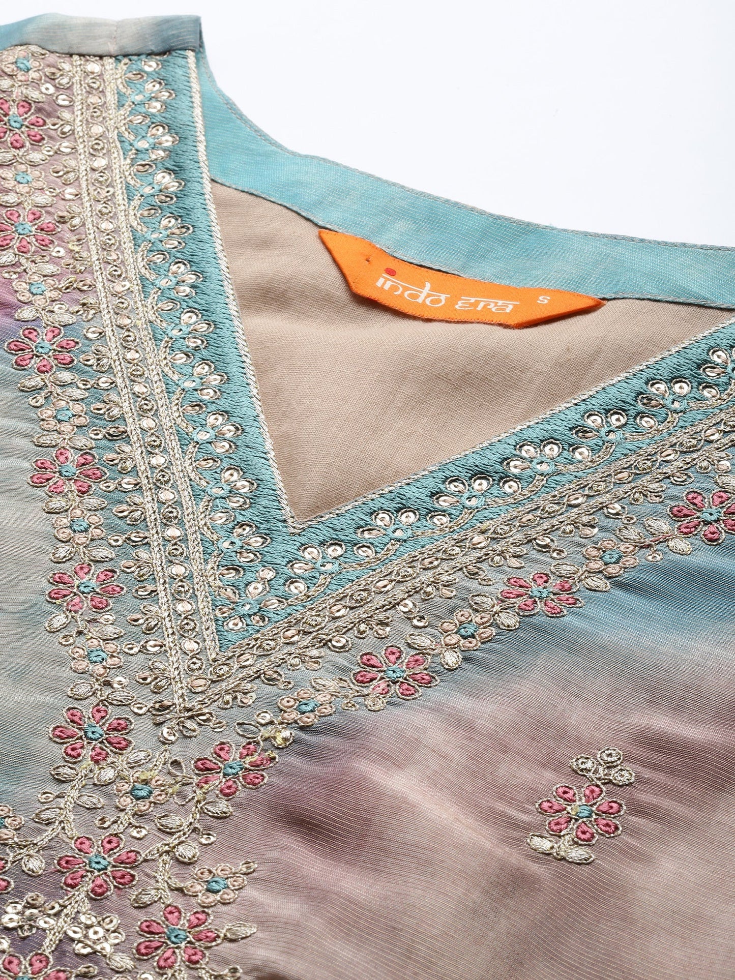Multi Embroidered Straight Kurta Trousers With Dupatta Set