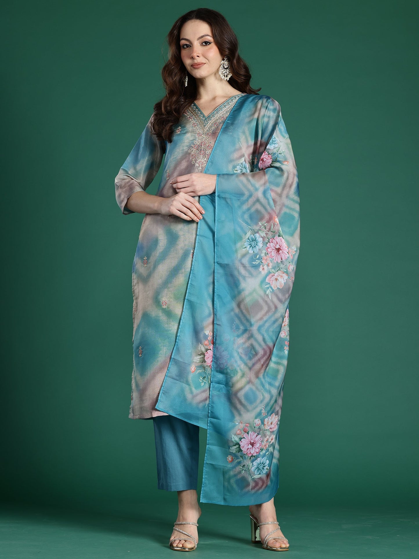 Multi Embroidered Straight Kurta Trousers With Dupatta Set