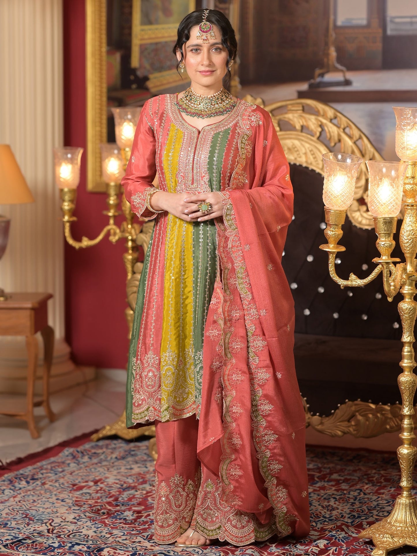 Multi Embroidered A-Line Kurta Palazzos With Dupatta set