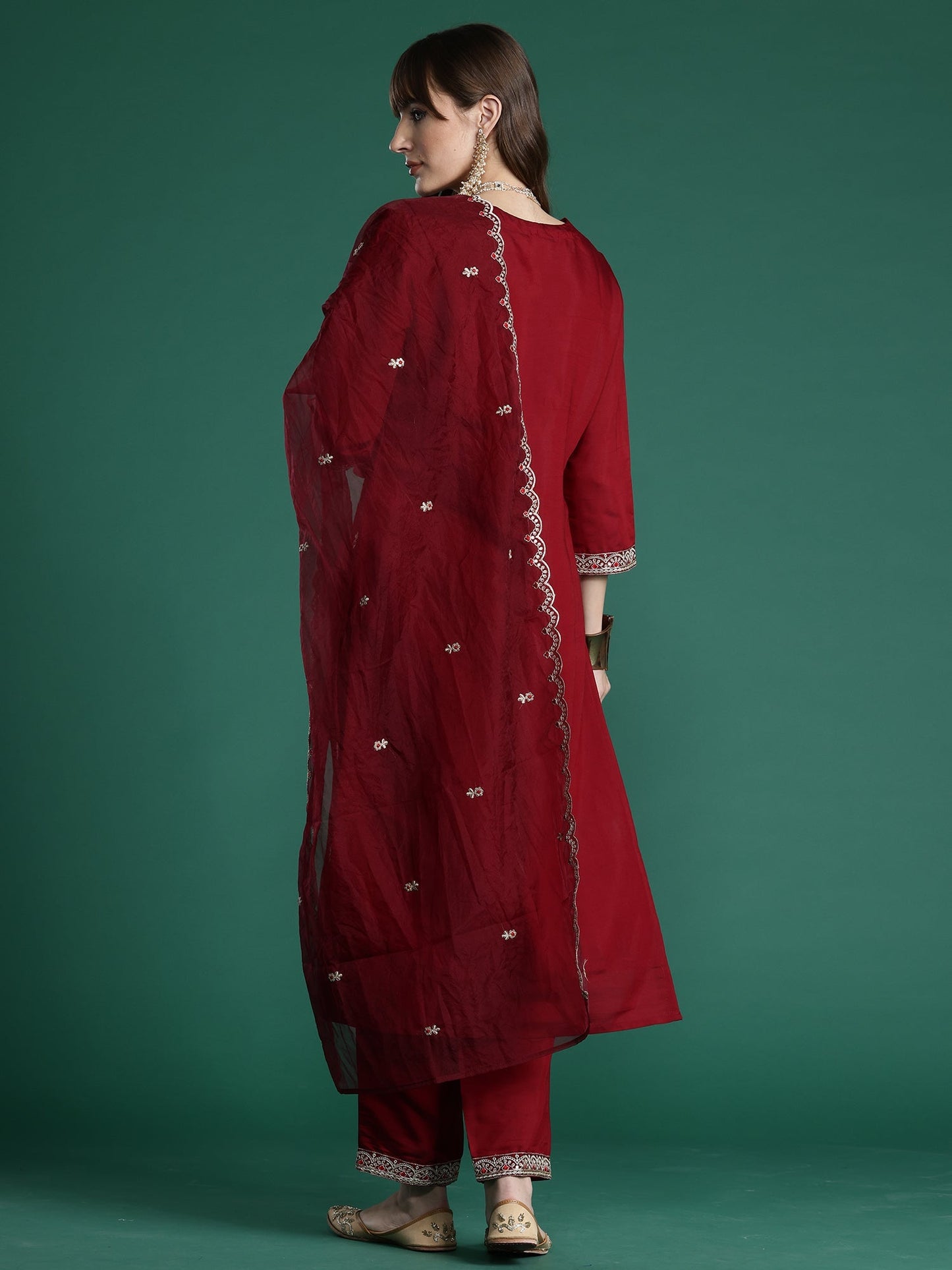 Indo Era Maroon Embroidered Straight Kurta Trousers With Dupatta Set
