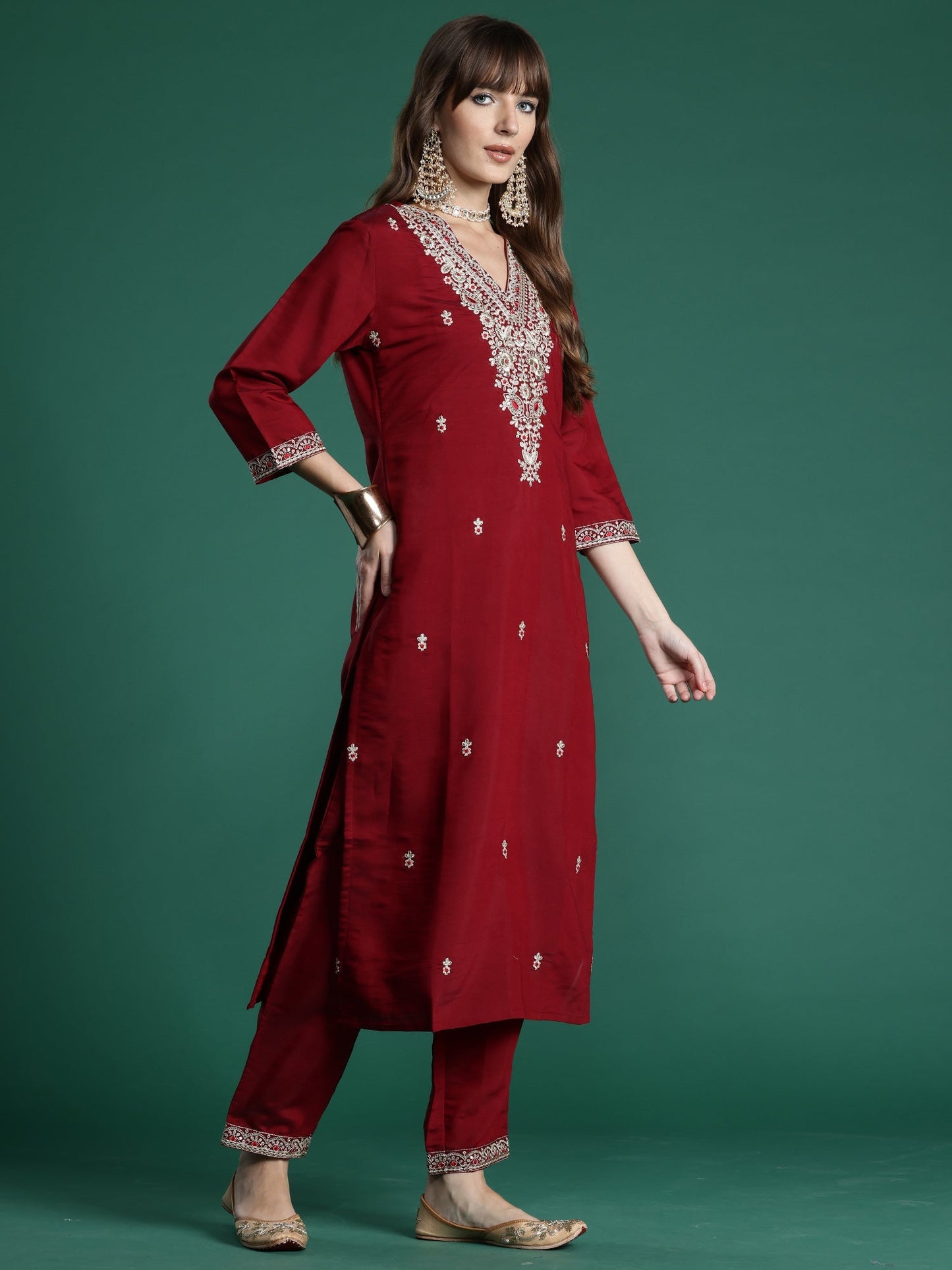 Indo Era Maroon Embroidered Straight Kurta Trousers With Dupatta Set