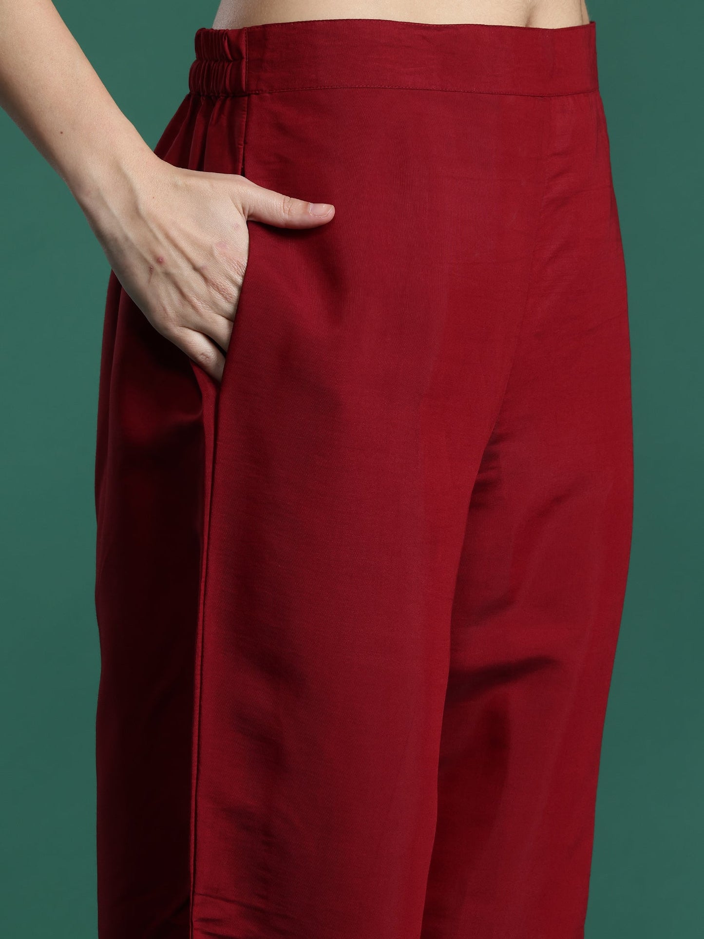 Indo Era Maroon Embroidered Straight Kurta Trousers With Dupatta Set