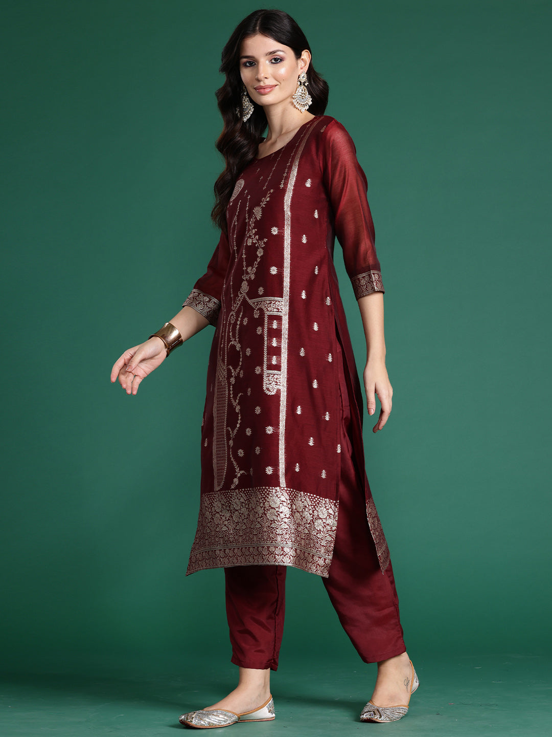 Maroon Woven Design Straight Kurta Trousers With Dupatta Set