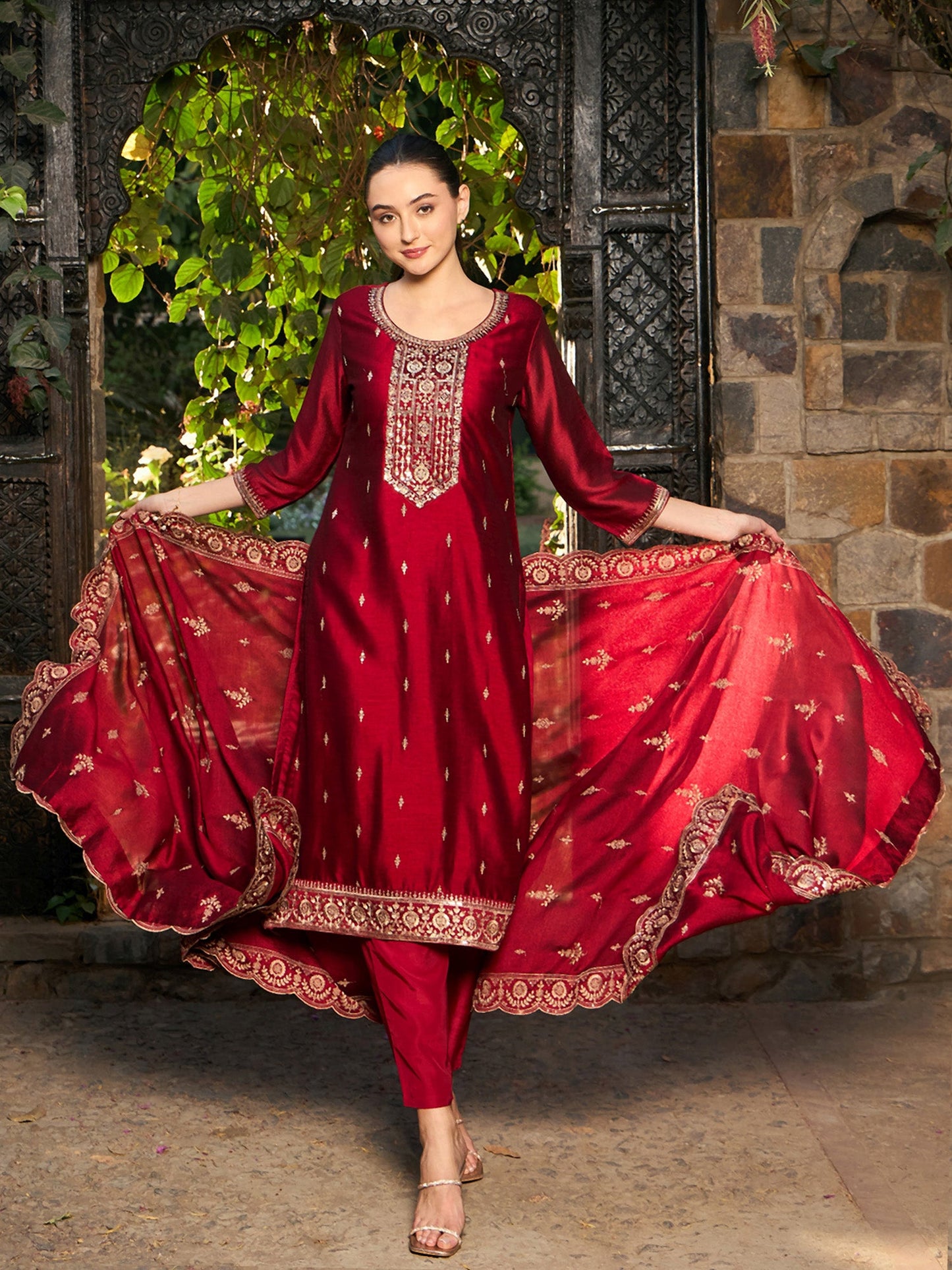 Maroon Embroidered Straight Kurta Trousers With Dupatta set