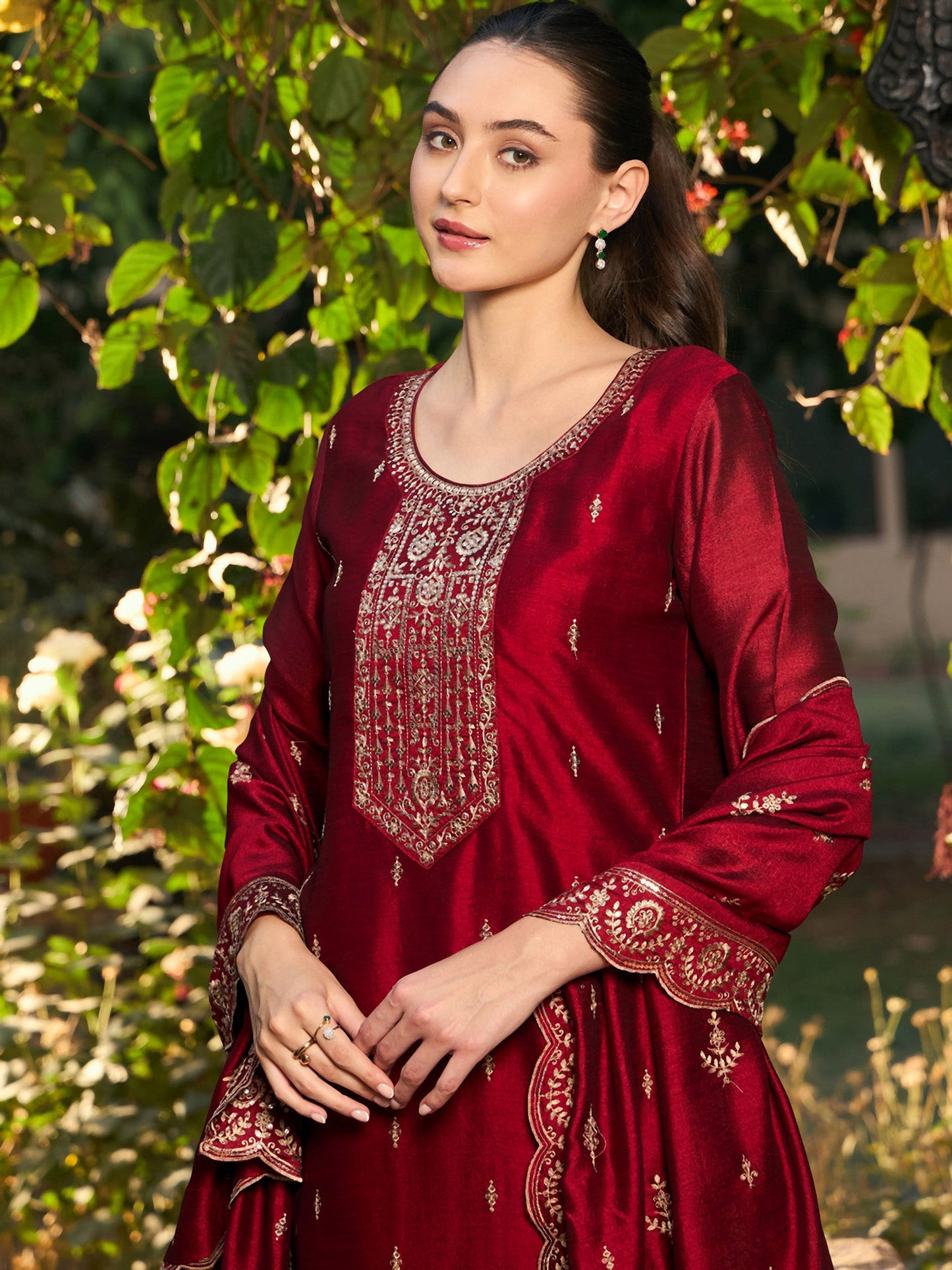 Maroon Embroidered Straight Kurta Trousers With Dupatta set