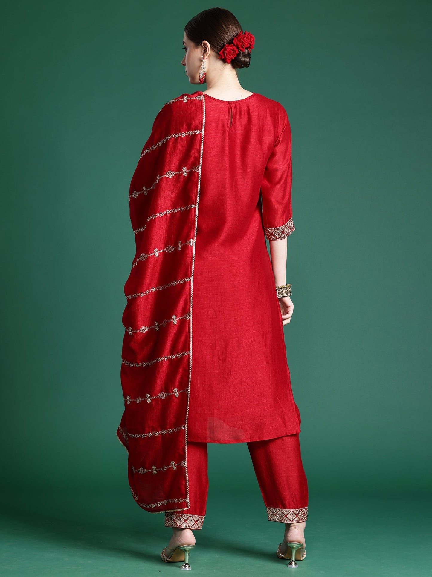 Maroon Embroidered Straight Kurta Trousers With Dupatta Set
