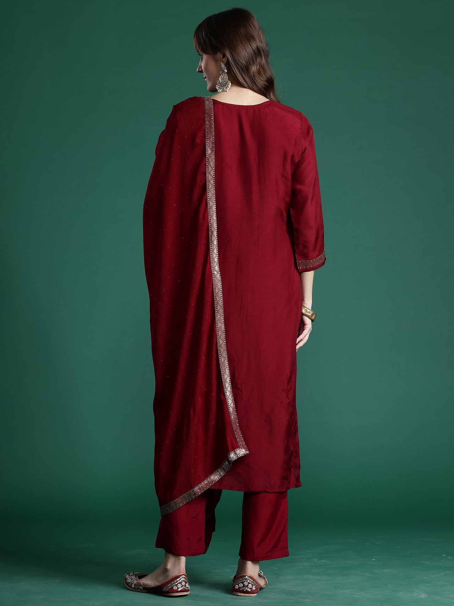 Maroon Embroidered Straight Kurta Trousers With Dupatta set