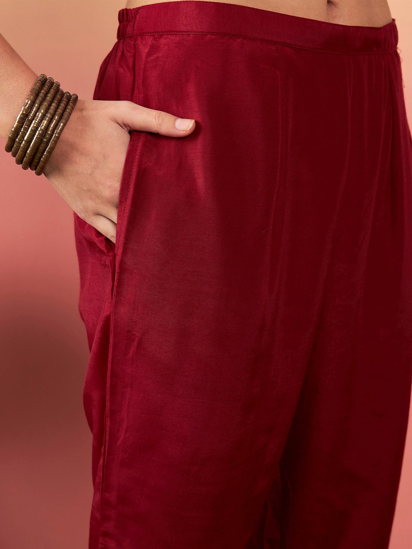 Maroon Floral Yoke Design Regular Zardozi Kurta with Trousers & With Dupatta