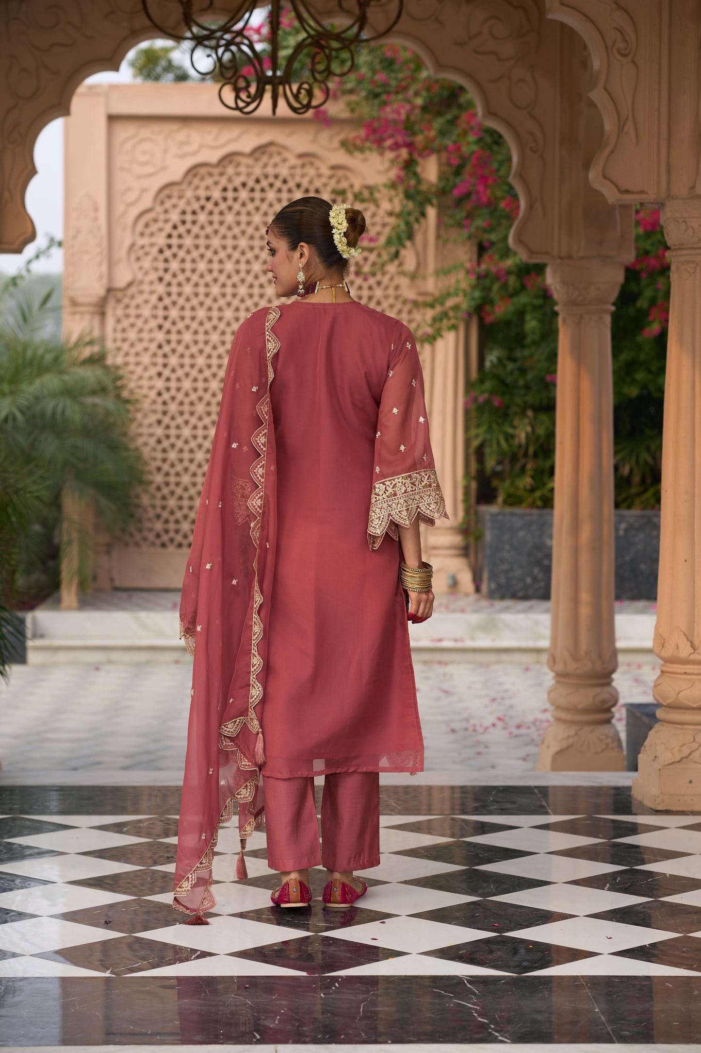 Mauve Embroidered Straight Kurta Trousers With Dupatta Set