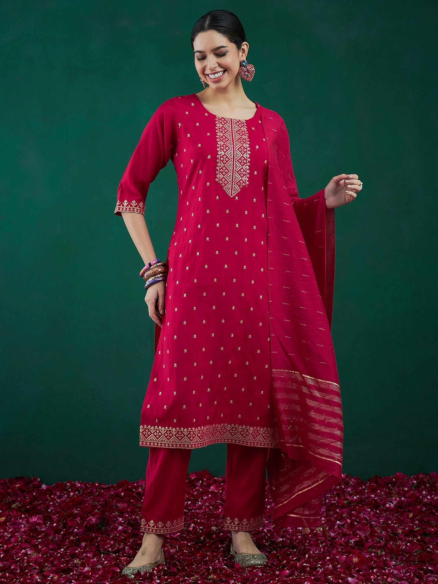 Indo Era Magenta Embroidered Straight Kurta Trousers With Dupatta set